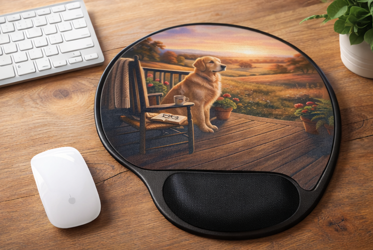 Golden Retriever Sunset Porch Ergonomic Mouse Pad with Wrist Rest – Removable Insert Desk Set