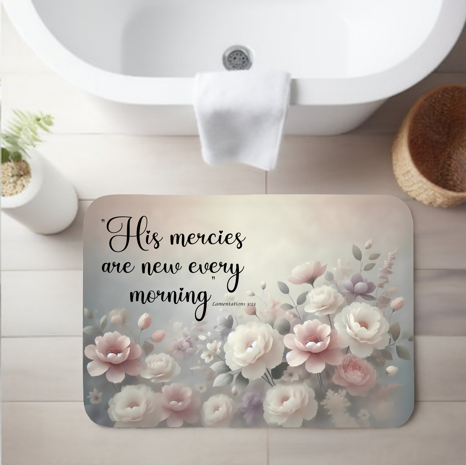 "His Mercies Are New Every Morning” Floral Bathroom Rug – Faith-Inspired Decor