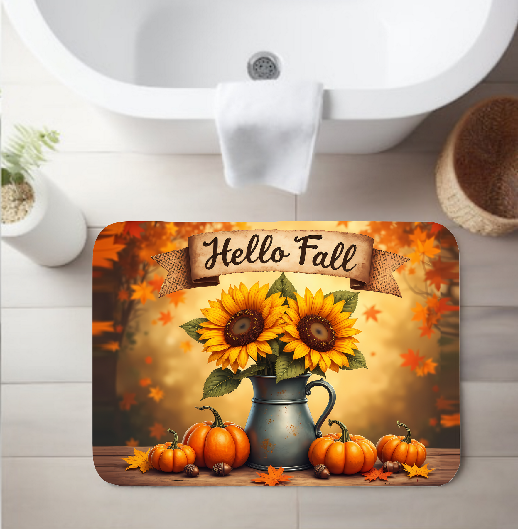 Hello Fall Sunflower Pitcher Bathroom Rug – Farmhouse Autumn Decor