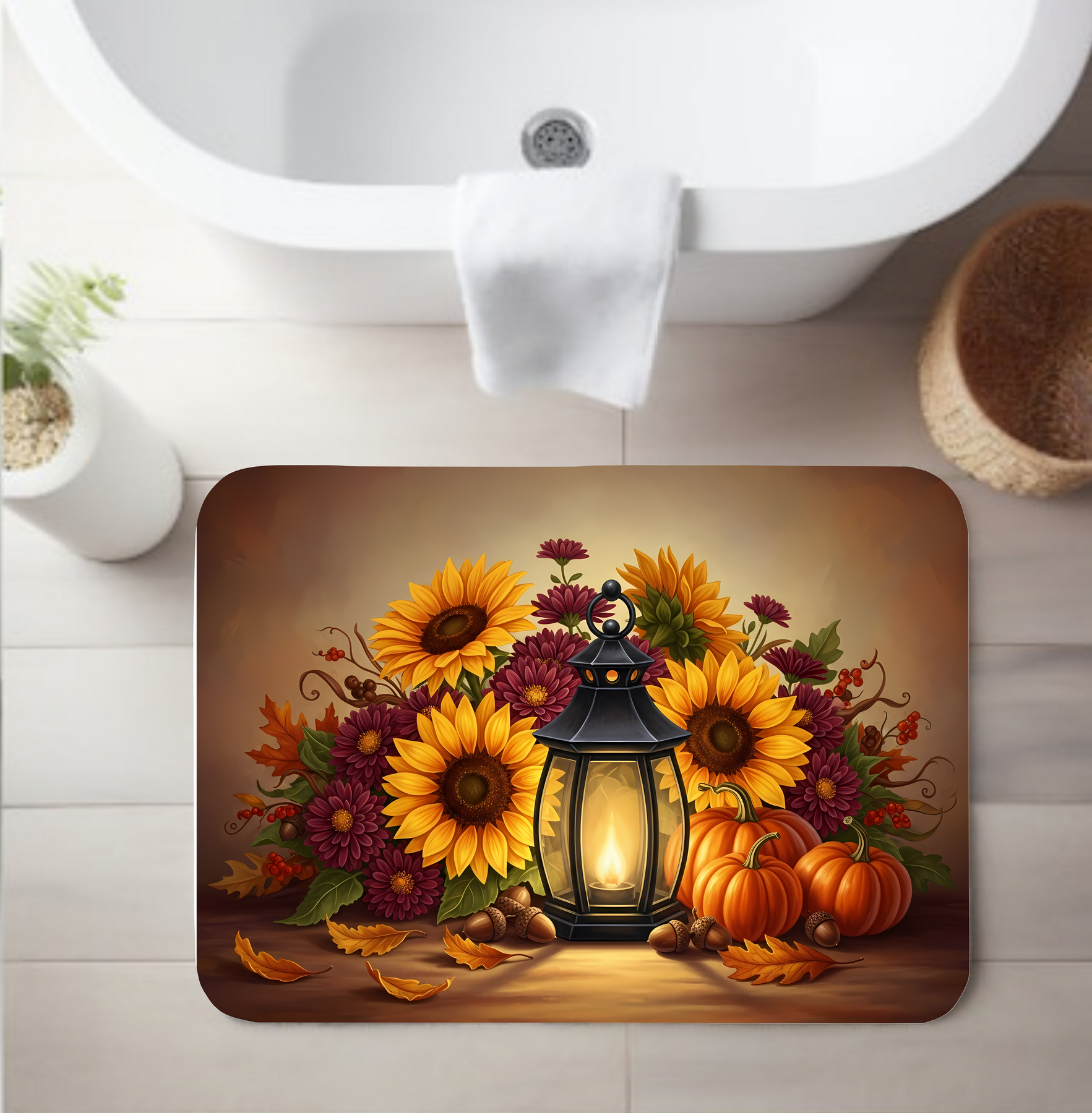 Fall Lantern Pumpkin Bathroom Rug – Cozy Autumn Bathroom Decor