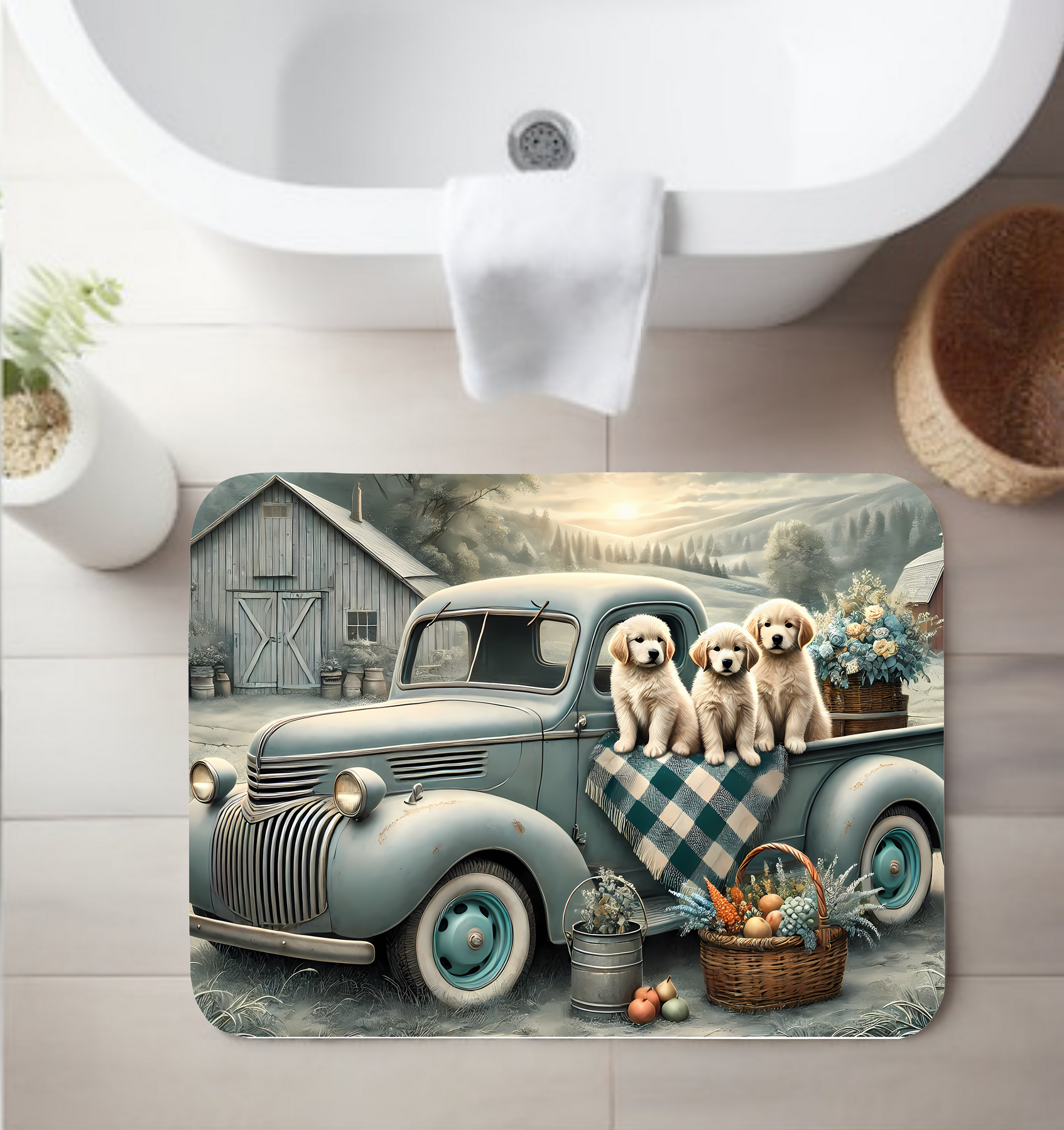 Fall Puppies in Vintage Truck Bathroom Rug – Autumn Dog Decor