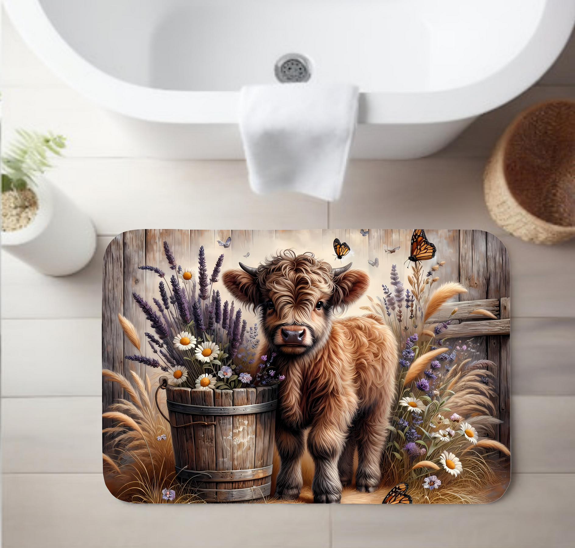 Highland Cow & Lavender Wildflowers – Farmhouse Style Bathroom, Kitchen & Entryway Sizes