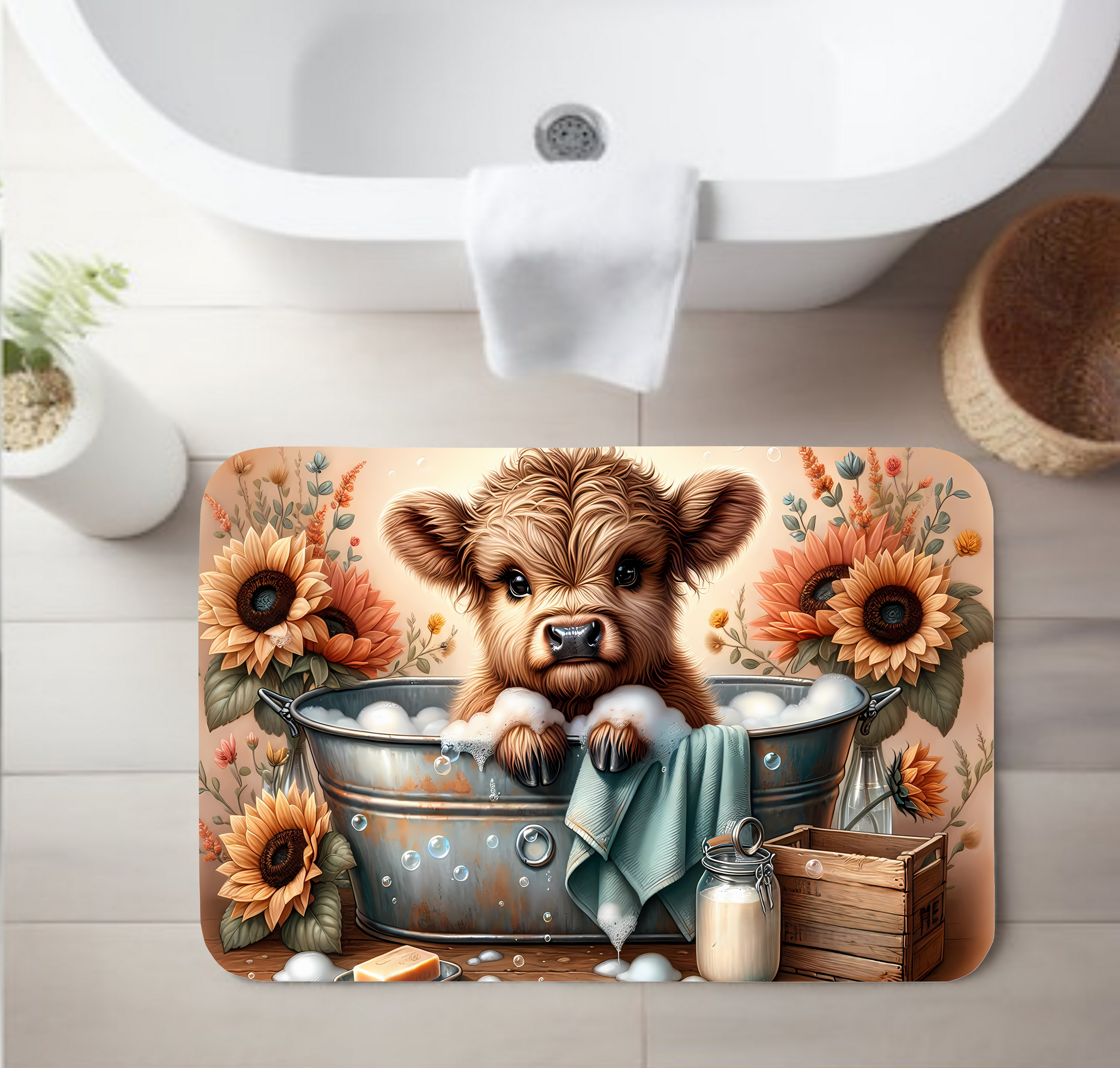 Highland Cow in Bathtub with Sunflowers – Rustic Bathroom, Kitchen & Entryway Sizes