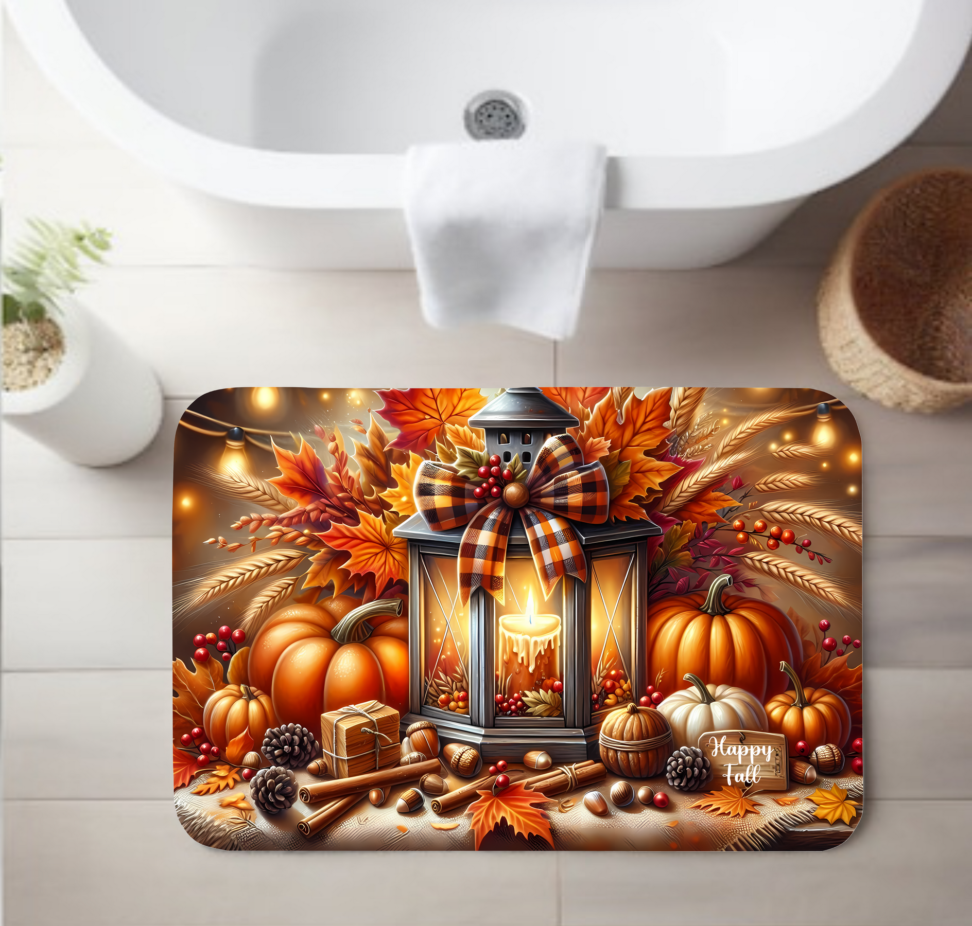 Autumn Lantern Sunflower Bathroom Rug – Rustic Fall Decor