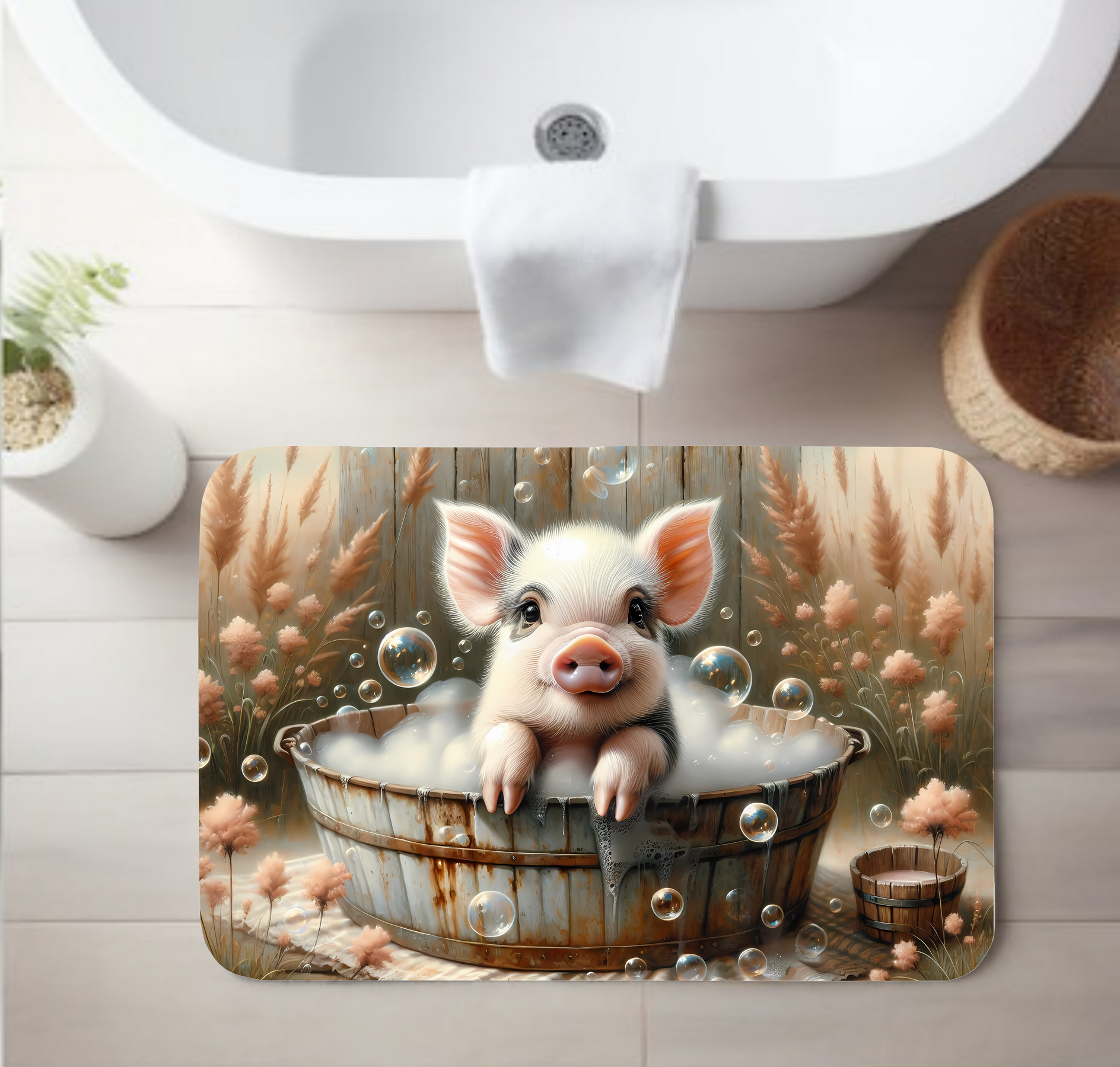 Spring Piglet Bath Bathroom Rug – Cute Farm Animal Decor