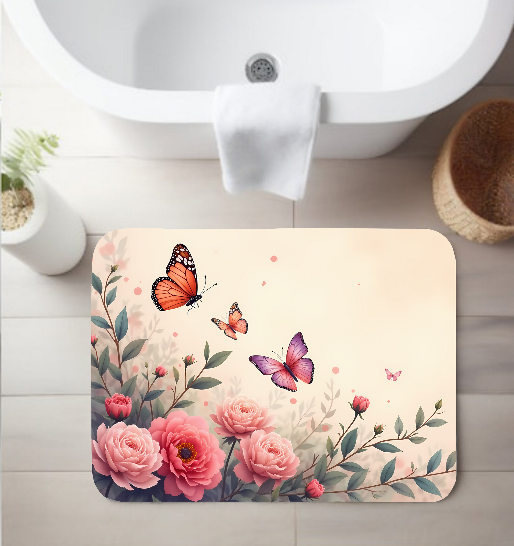 Spring Butterfly Floral Bathroom Rug – Soft Pastel Garden Decor