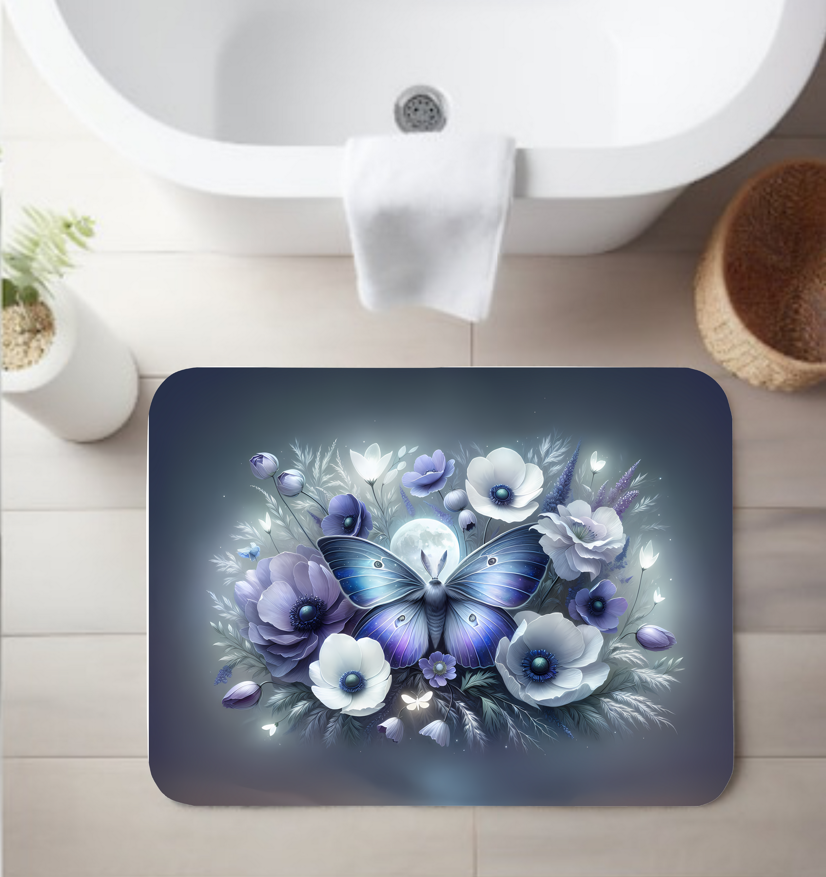 Midnight Blue Butterfly Floral Bathroom Rug – Elegant Spring Garden Decor