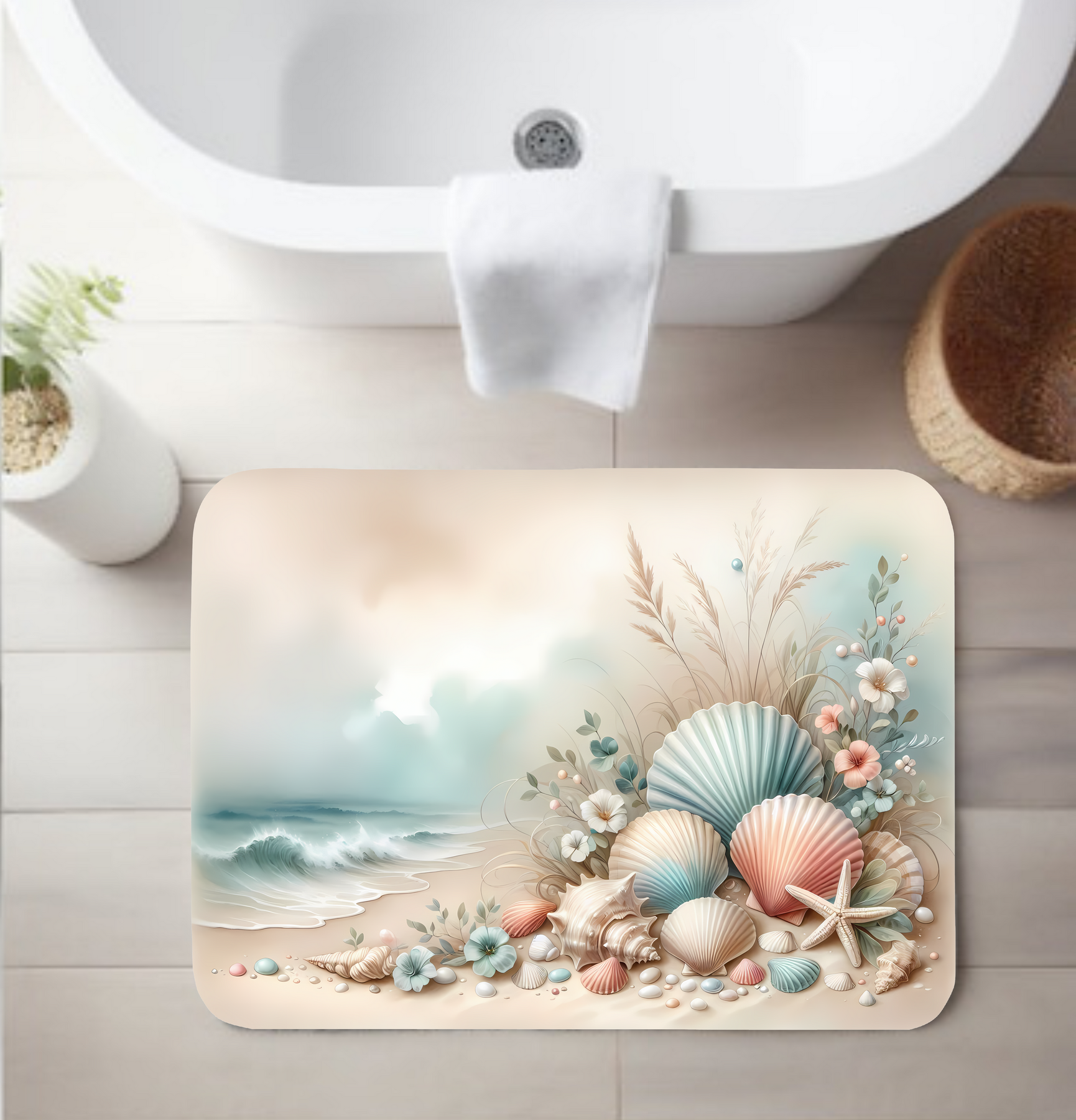 Coastal Seashell Bathroom Rug – Beach Bathroom Decor