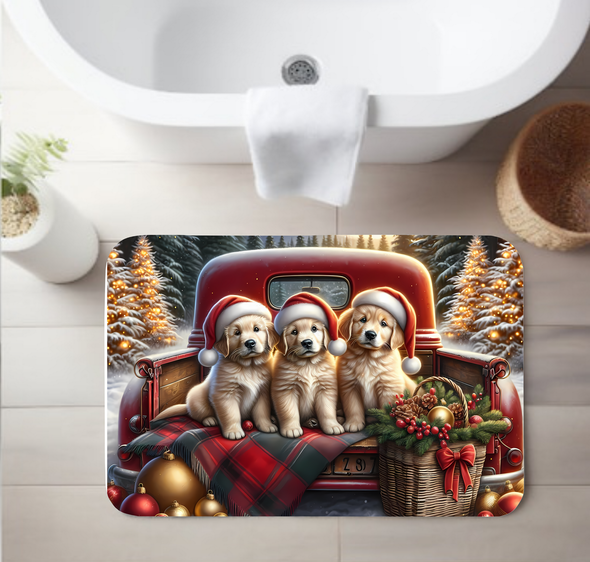 Christmas Puppies in Red Truck Bathroom Rug – Festive Winter Dog Decor