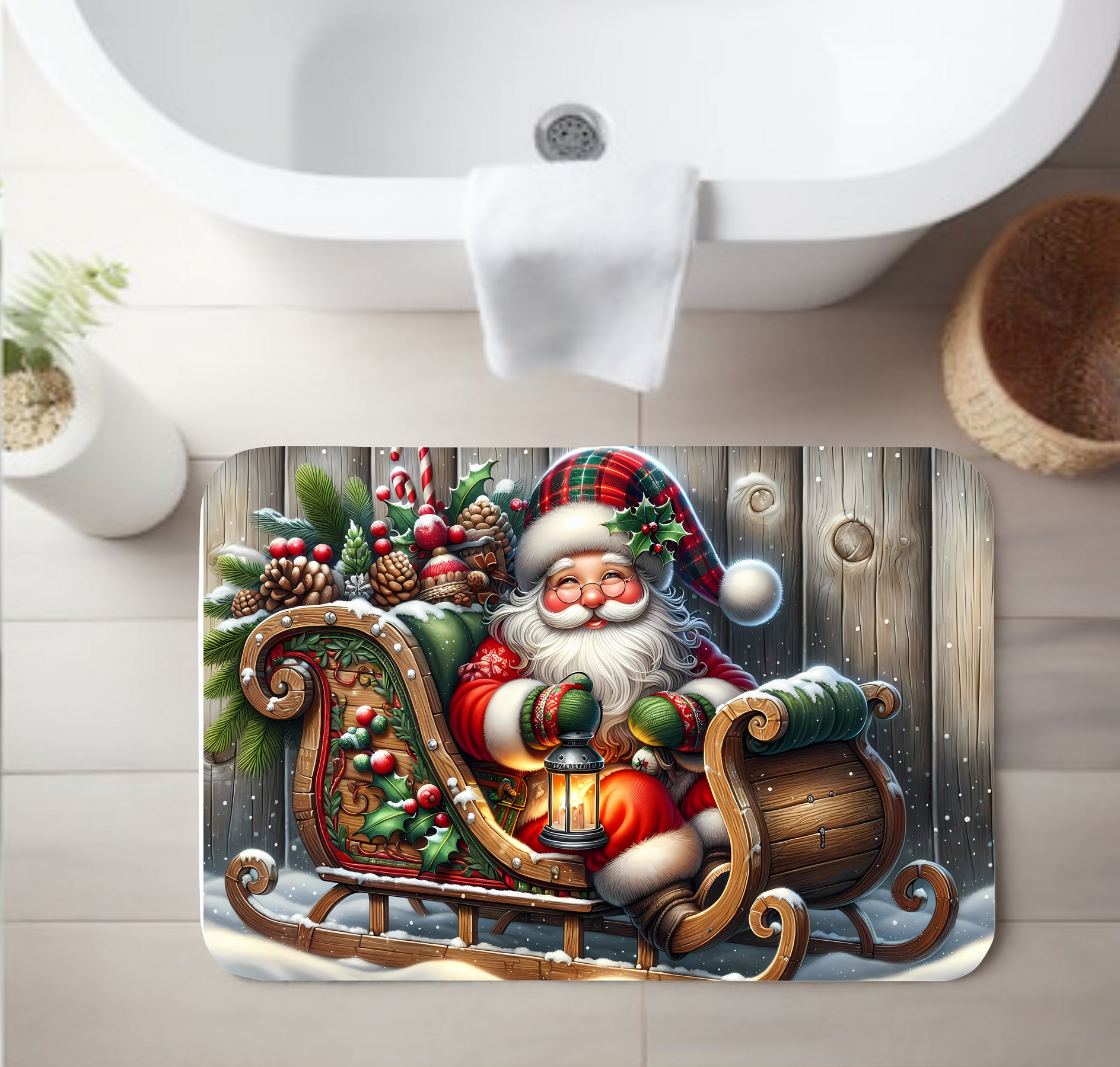 Santa in Sleigh Bathroom Rug – Classic Farmhouse Christmas Decor