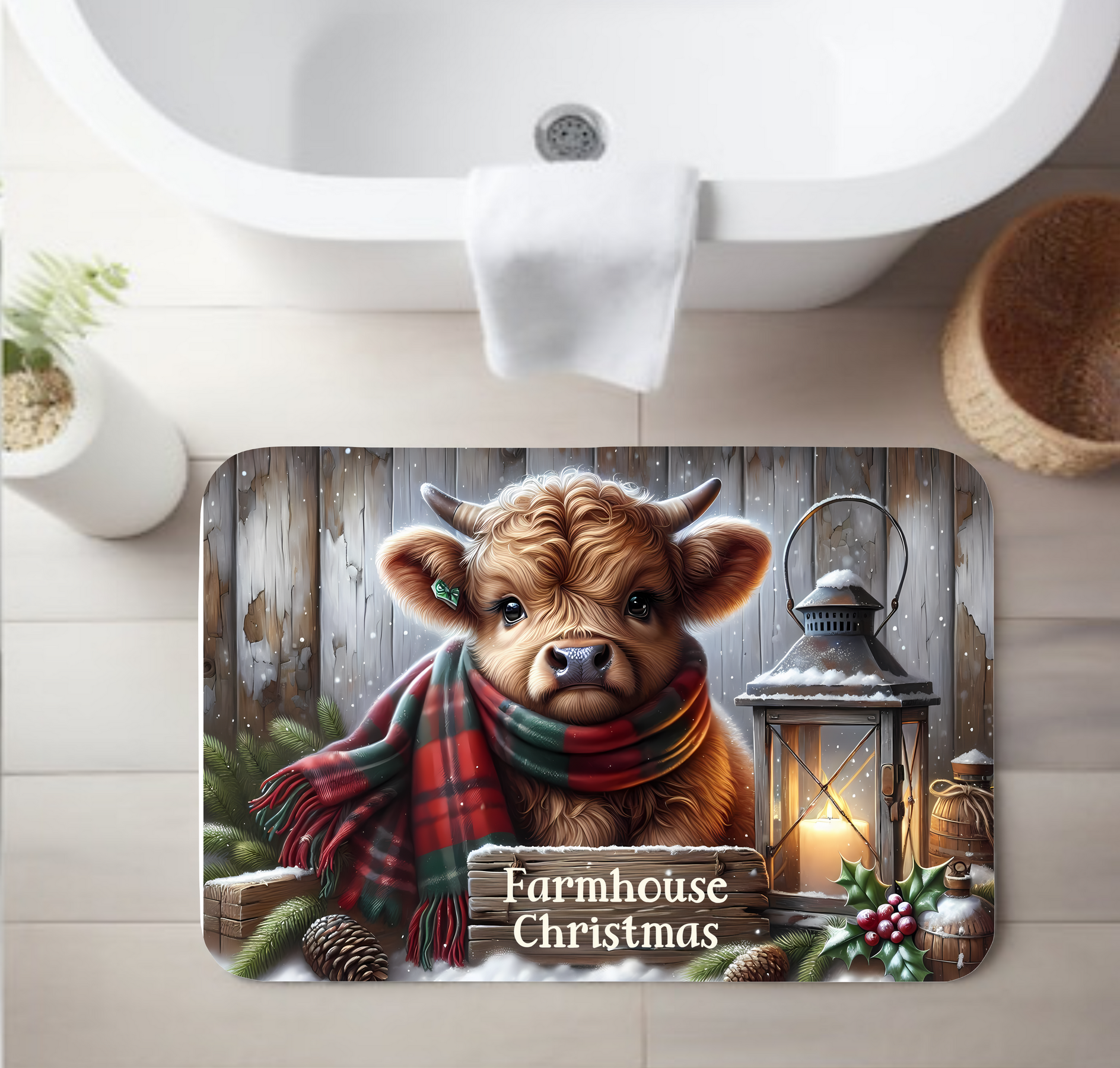 Highland Cow Farmhouse Christmas Rug – Cozy Rustic Holiday Decor
