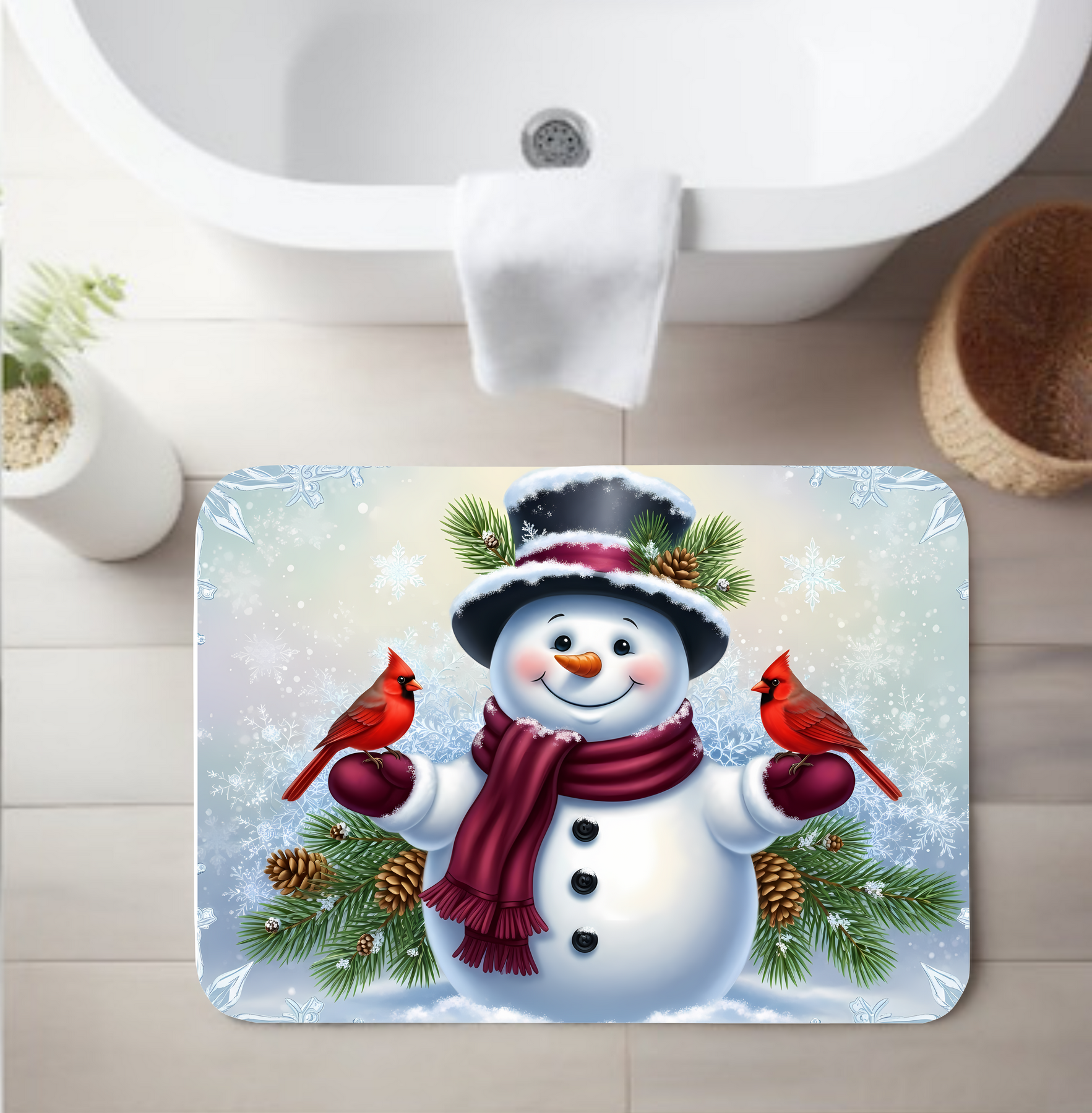 Winter Snowman with Cardinals Scene Rug – Bathroom, Kitchen & Entryway Sizes