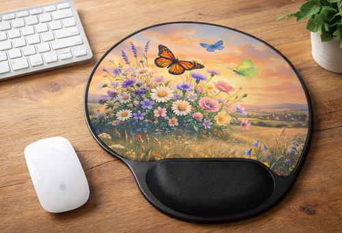 Butterfly Wildflower Ergonomic Mouse Pad with Wrist Rest – Removable Insert Desk Set