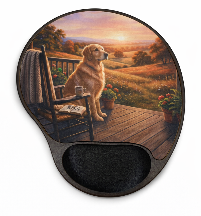 Golden Retriever Sunset Porch Ergonomic Mouse Pad with Wrist Rest – Removable Insert Desk Set