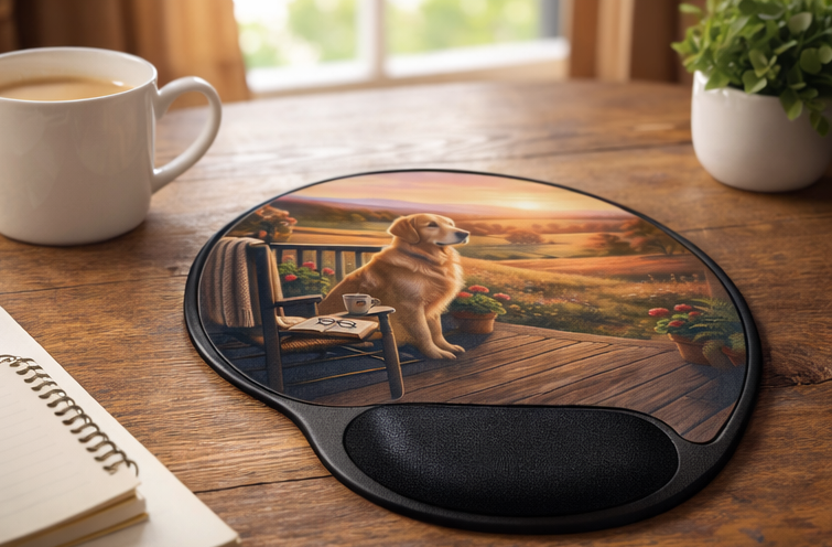 Golden Retriever Sunset Porch Ergonomic Mouse Pad with Wrist Rest – Removable Insert Desk Set