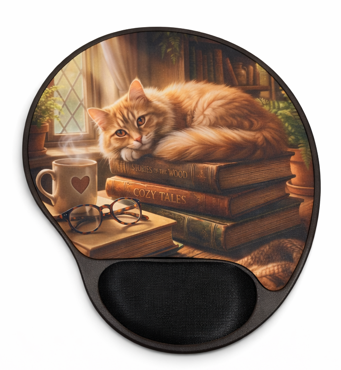 Cozy Cottage Cat Ergonomic Mouse Pad with Wrist Rest – Removable Insert Desk Set