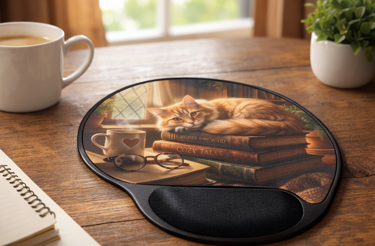 Cozy Cottage Cat Ergonomic Mouse Pad with Wrist Rest – Removable Insert Desk Set