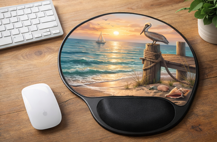 Pelican Coastal Sunset Ergonomic Mouse Pad with Wrist Rest – Removable Insert Desk Set