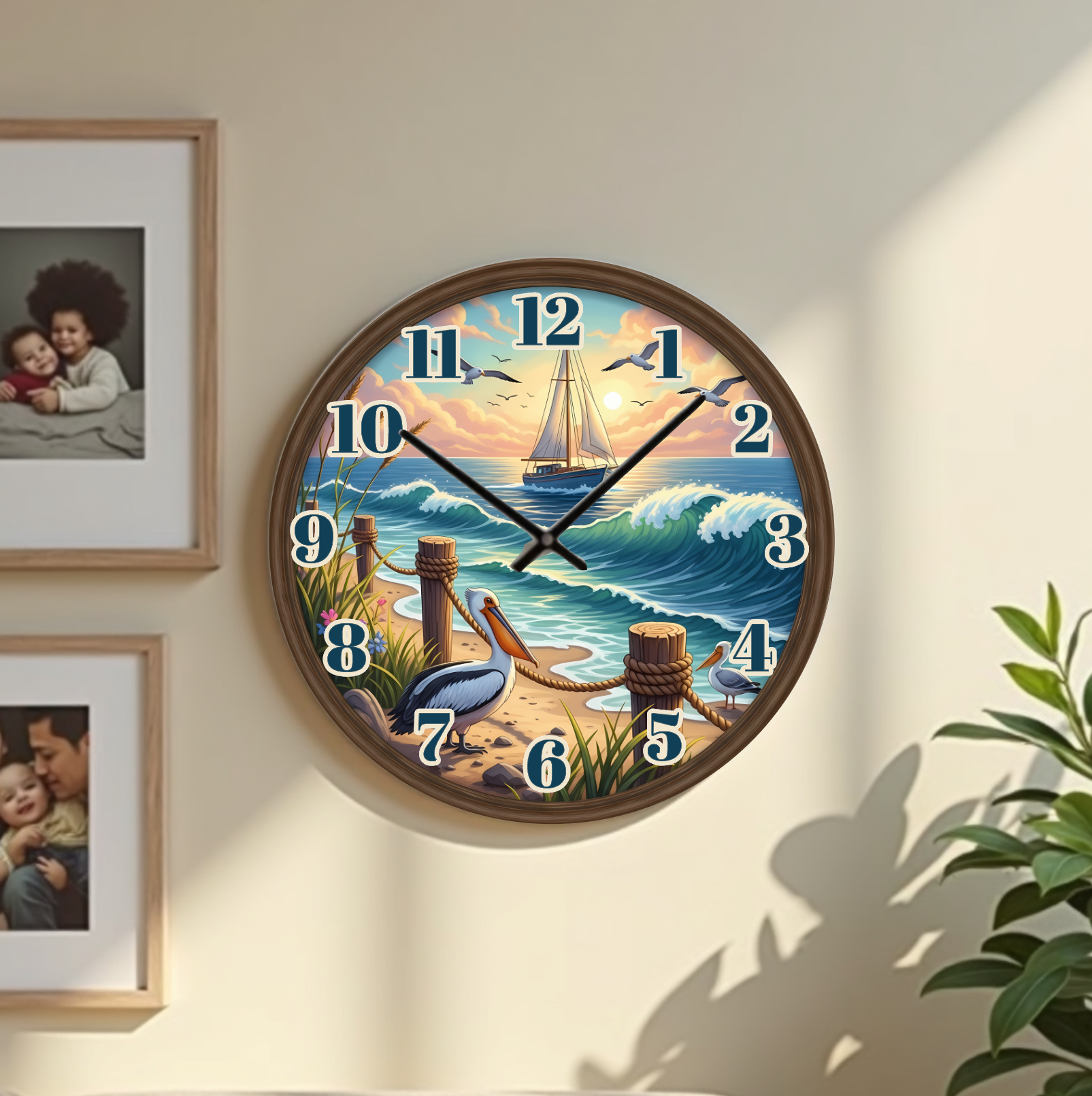 Nautical Sailboat & Pelicans Coastal Wall Clock