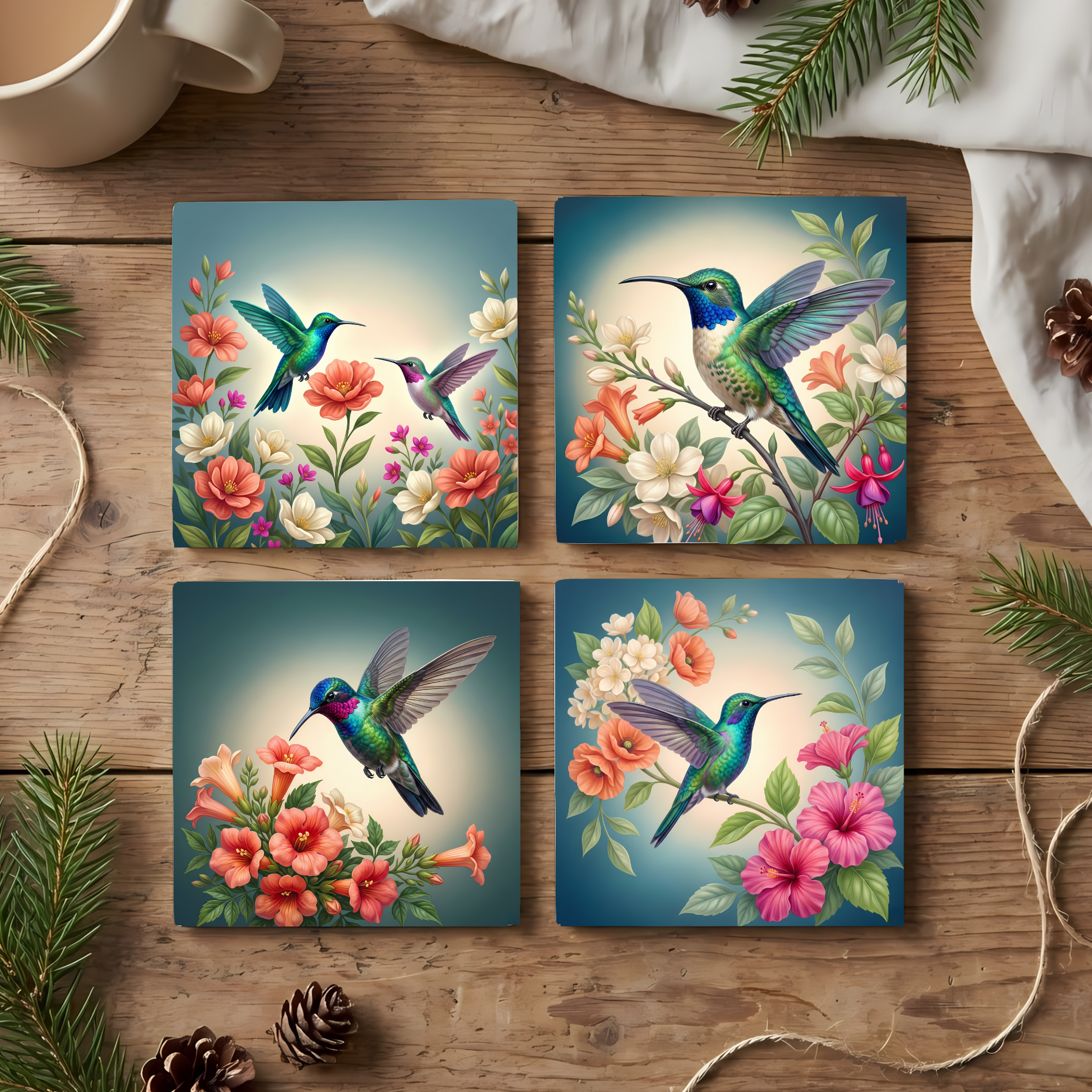 Fine Art Ceramic Coaster Set of 4 – Vibrant Hummingbird Floral Garden Decor
