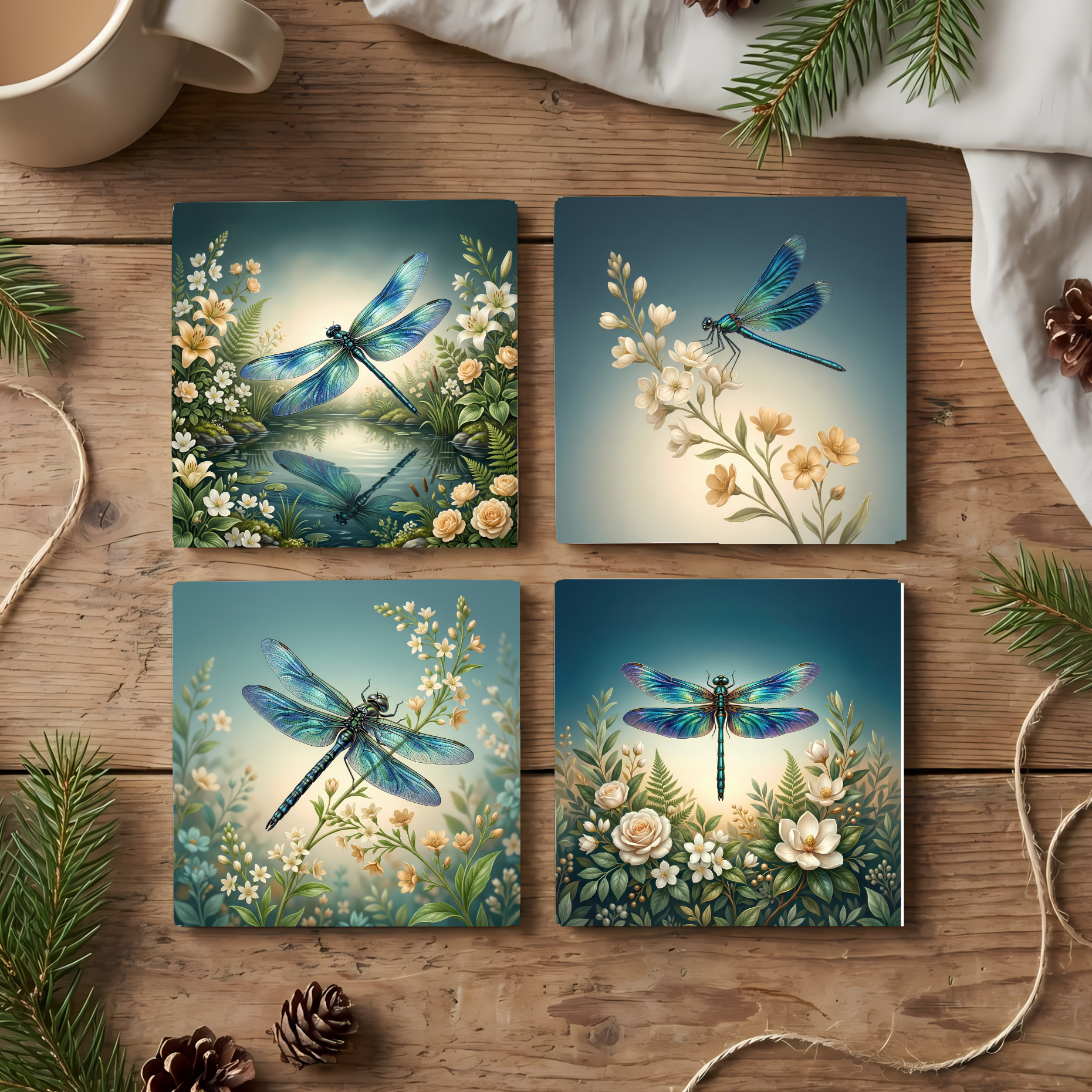 Fine Art Ceramic Coaster Set of 4 – Elegant Dragonfly Floral Garden Decor