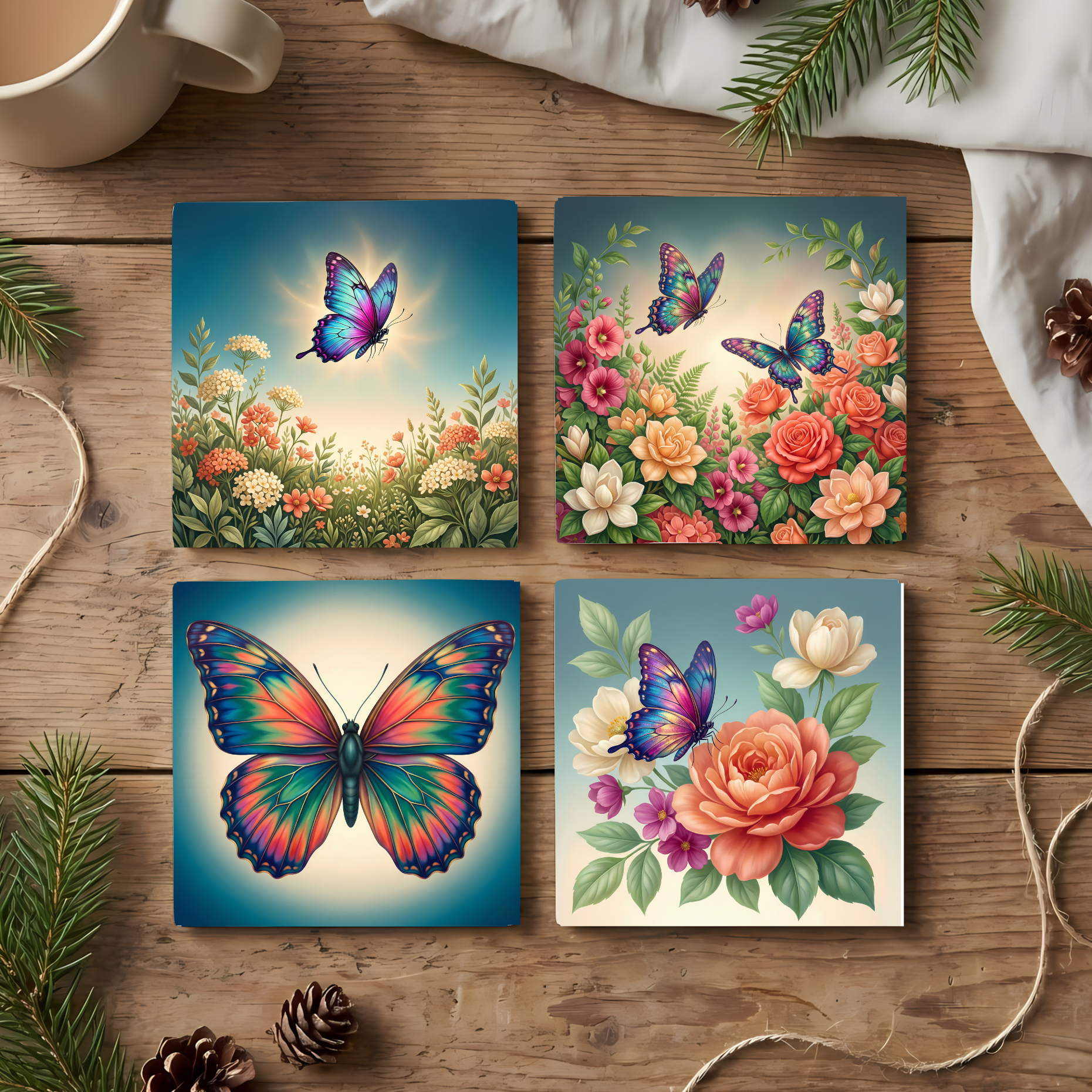 Fine Art Ceramic Coaster Set of 4 – Vibrant Butterfly Floral Garden Decor