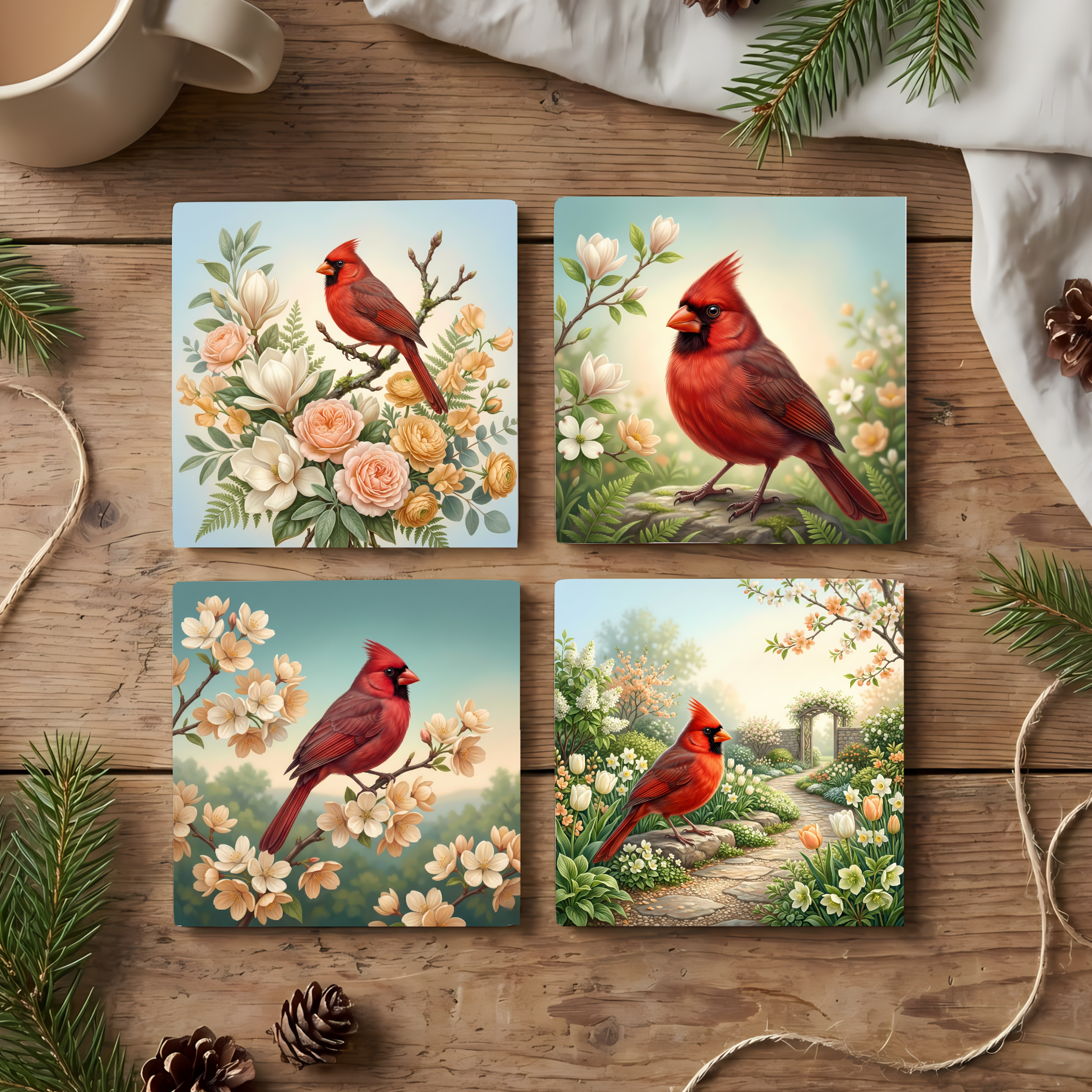 Fine Art Ceramic Coaster Set of 4 – Red Cardinal Garden Farmhouse Decor