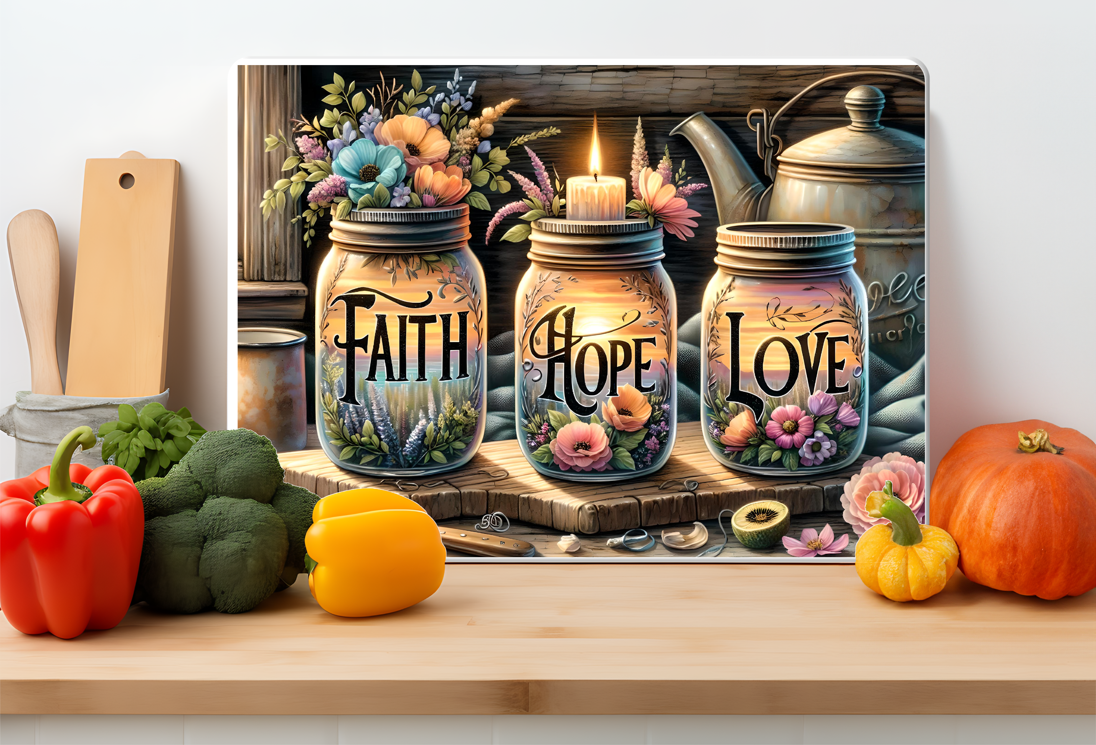 Faith • Hope • Love Mason Jar Floral Cutting Board – Farmhouse Kitchen Decor