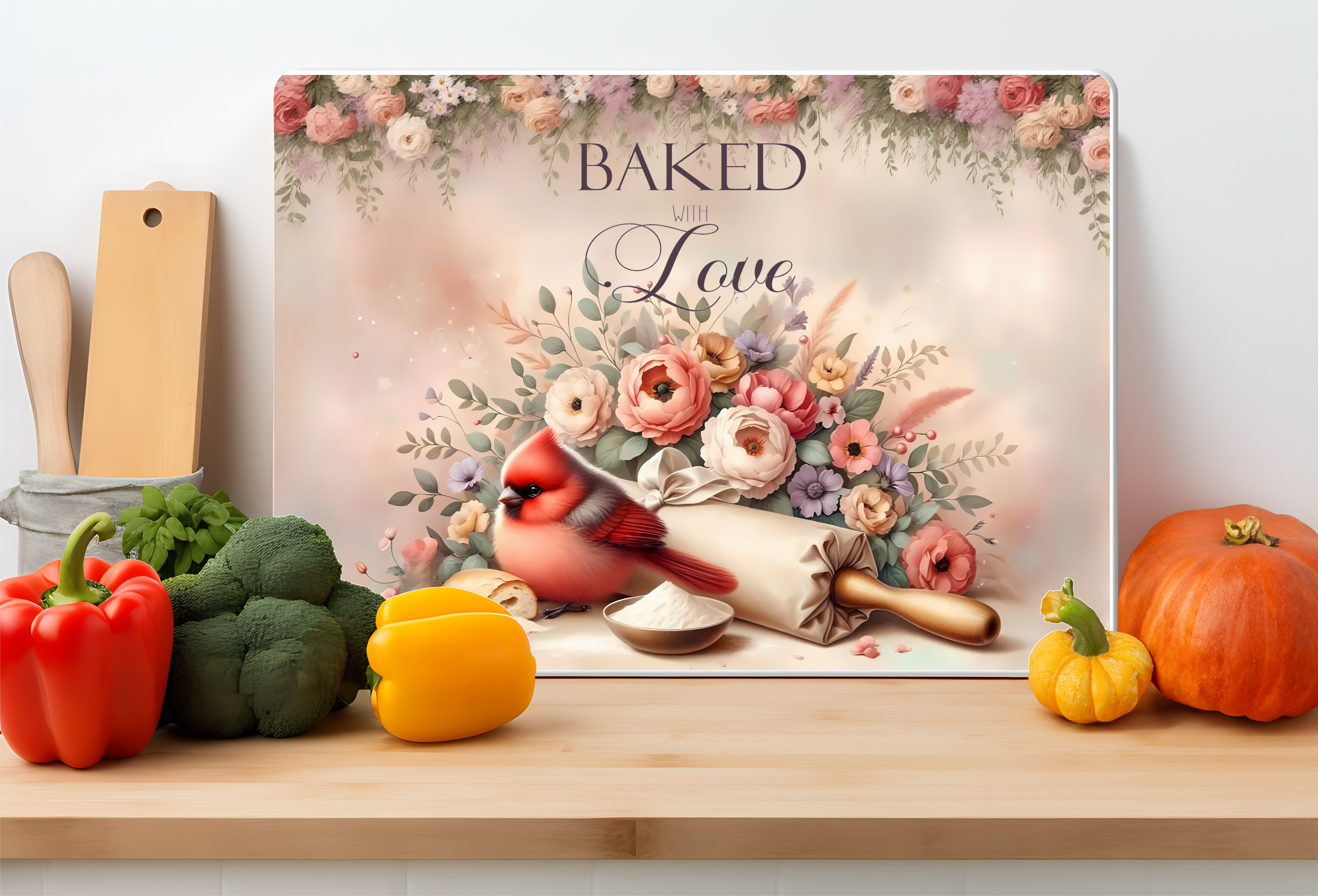 Baked With Love Cardinal Floral Glass Cutting Board