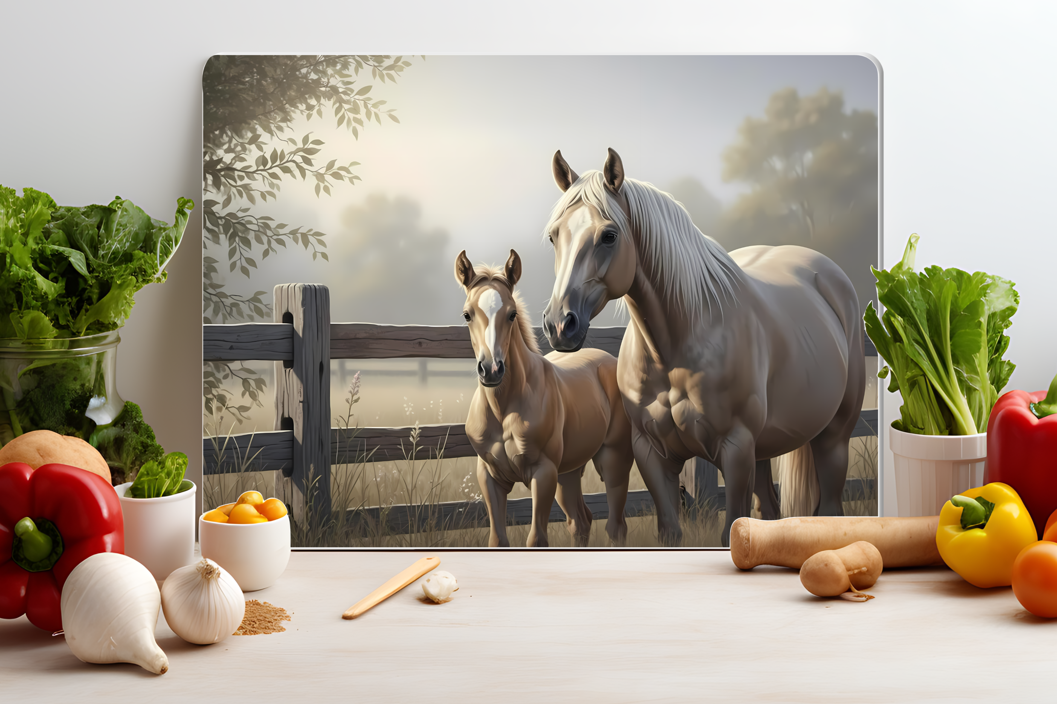 Summer Horse & Foal Glass Cutting Board – Farmhouse Kitchen Decor