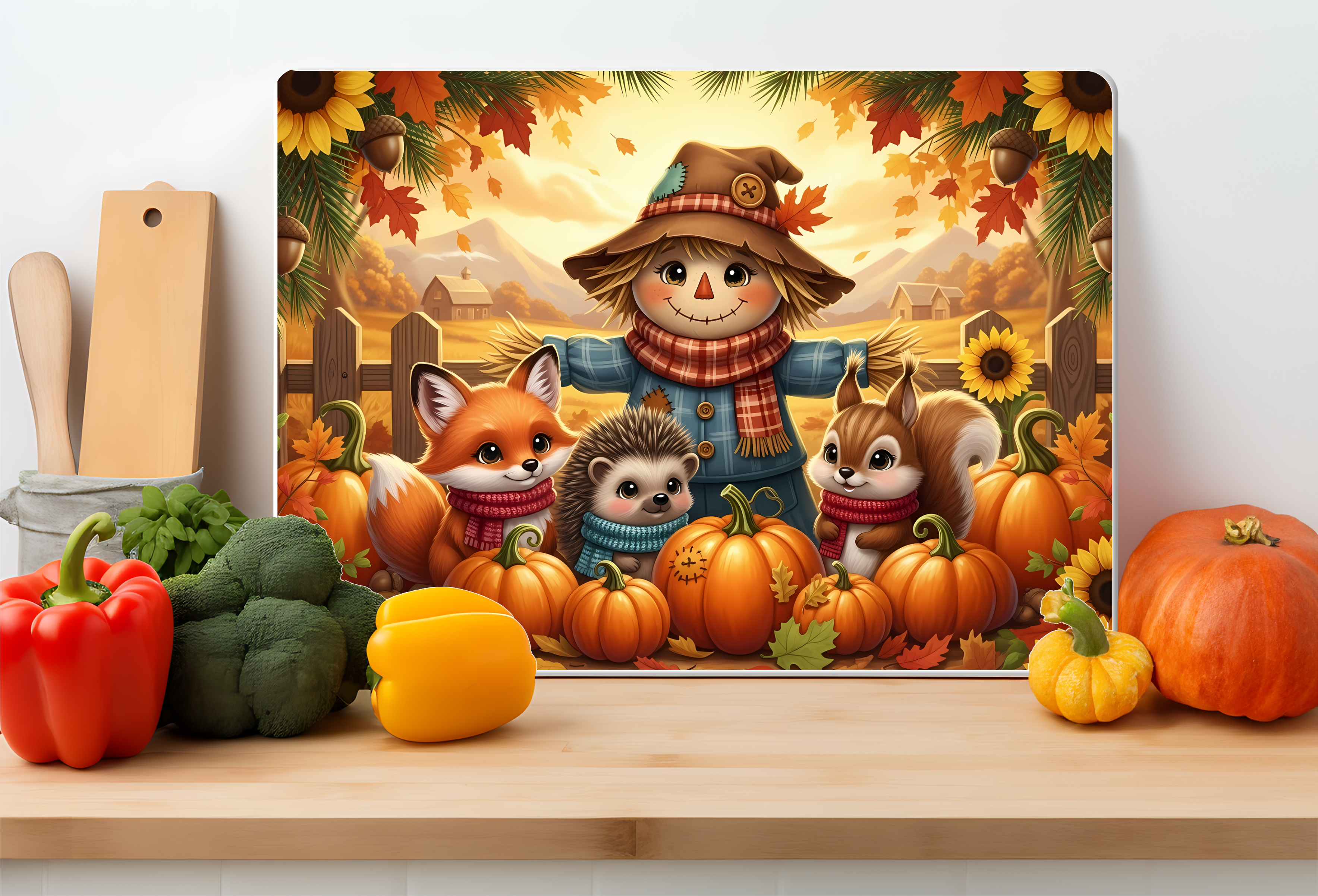 Autumn Friends Scarecrow Glass Cutting Board