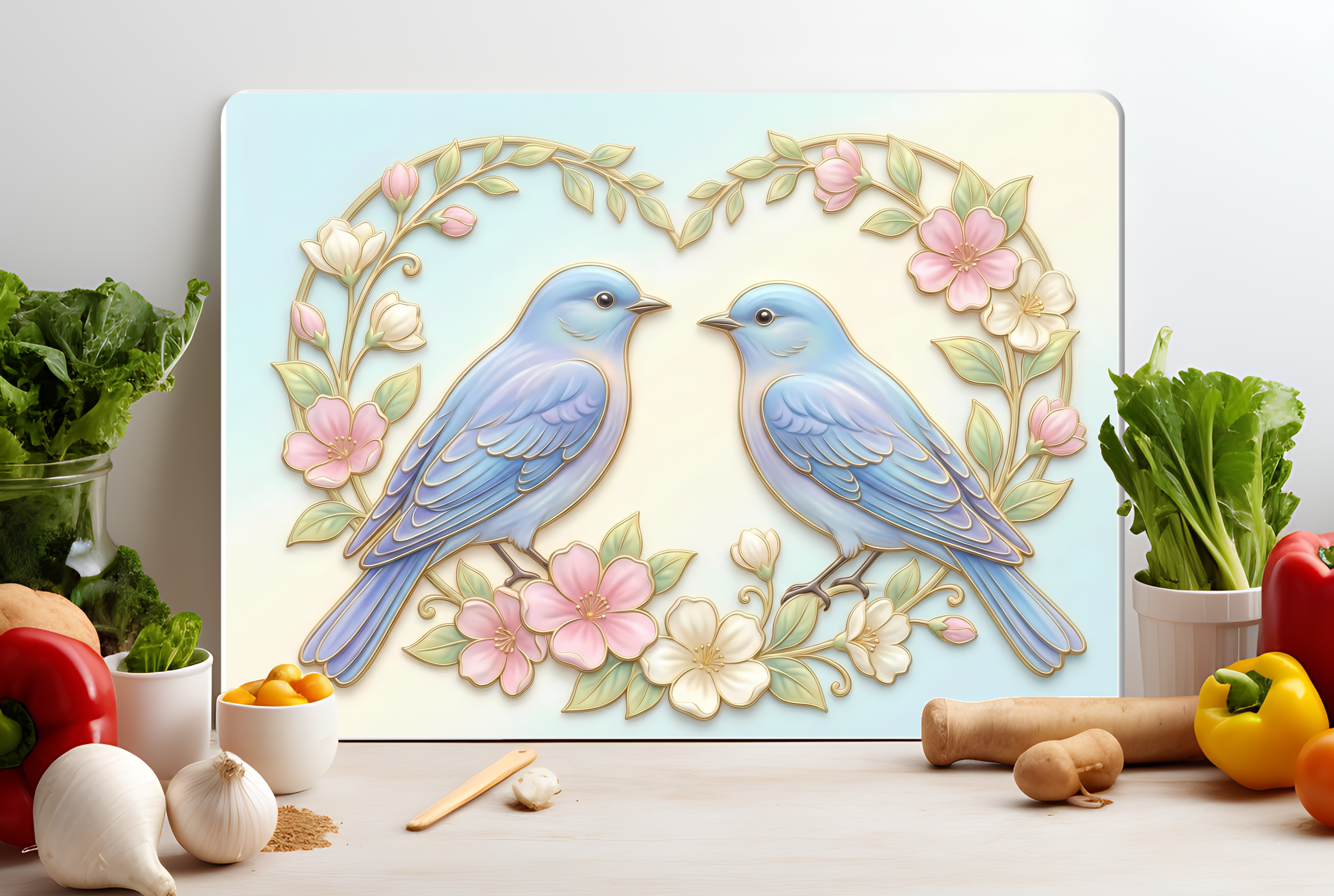 Bluebird Floral Frame Glass Cutting Board – Pastel Cottage Kitchen Decor