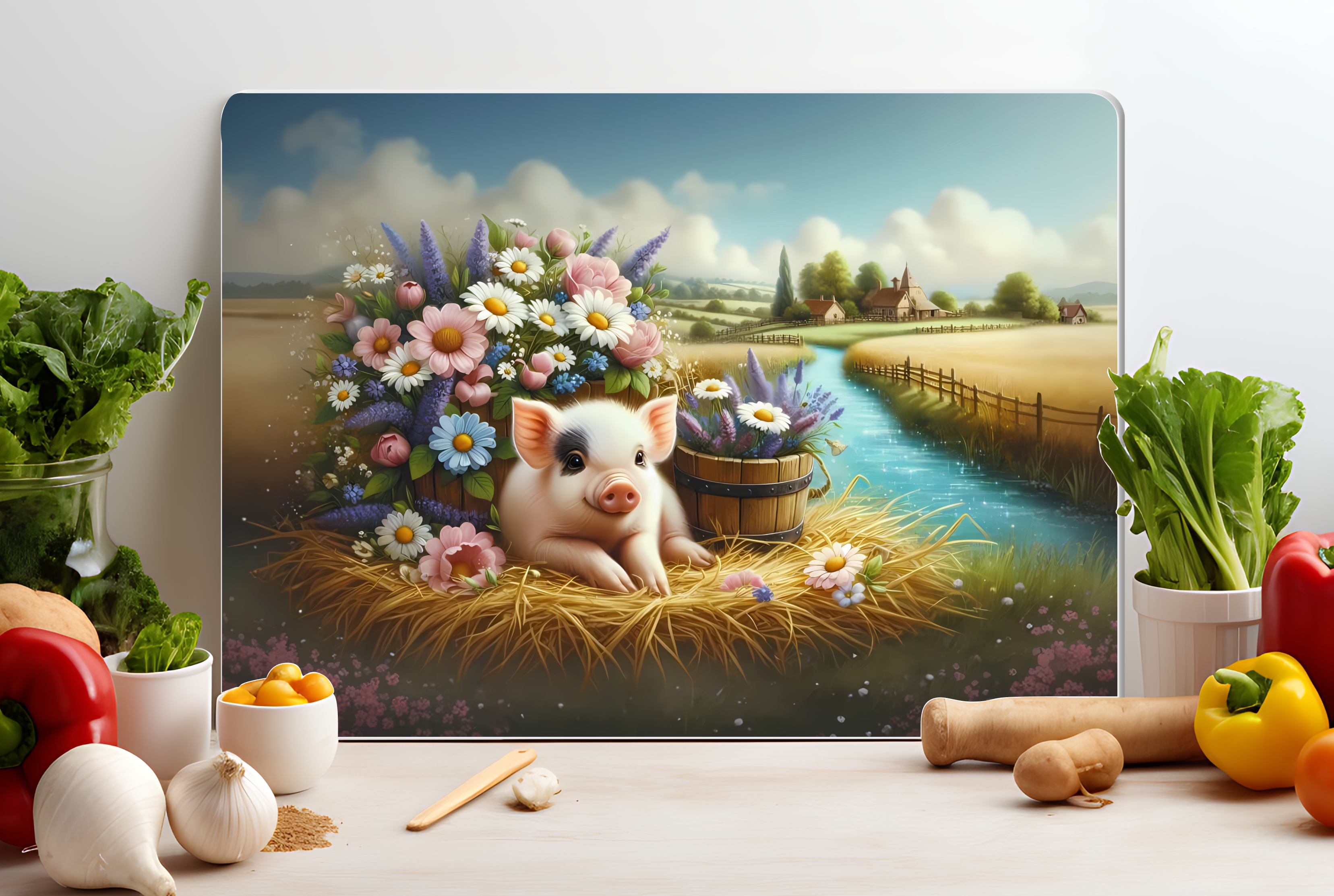 Piglet Farm Scene Glass Cutting Board – Whimsical Country Kitchen Decor