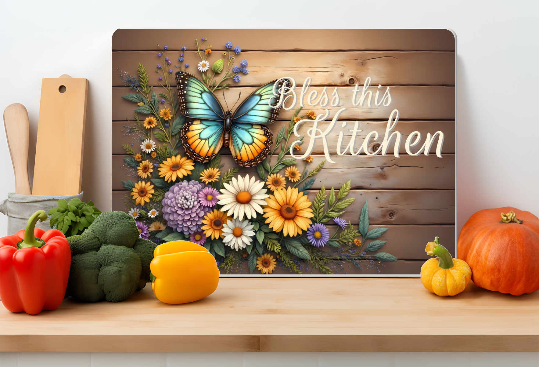 Bless This Kitchen Butterfly Farmhouse Glass Cutting Board