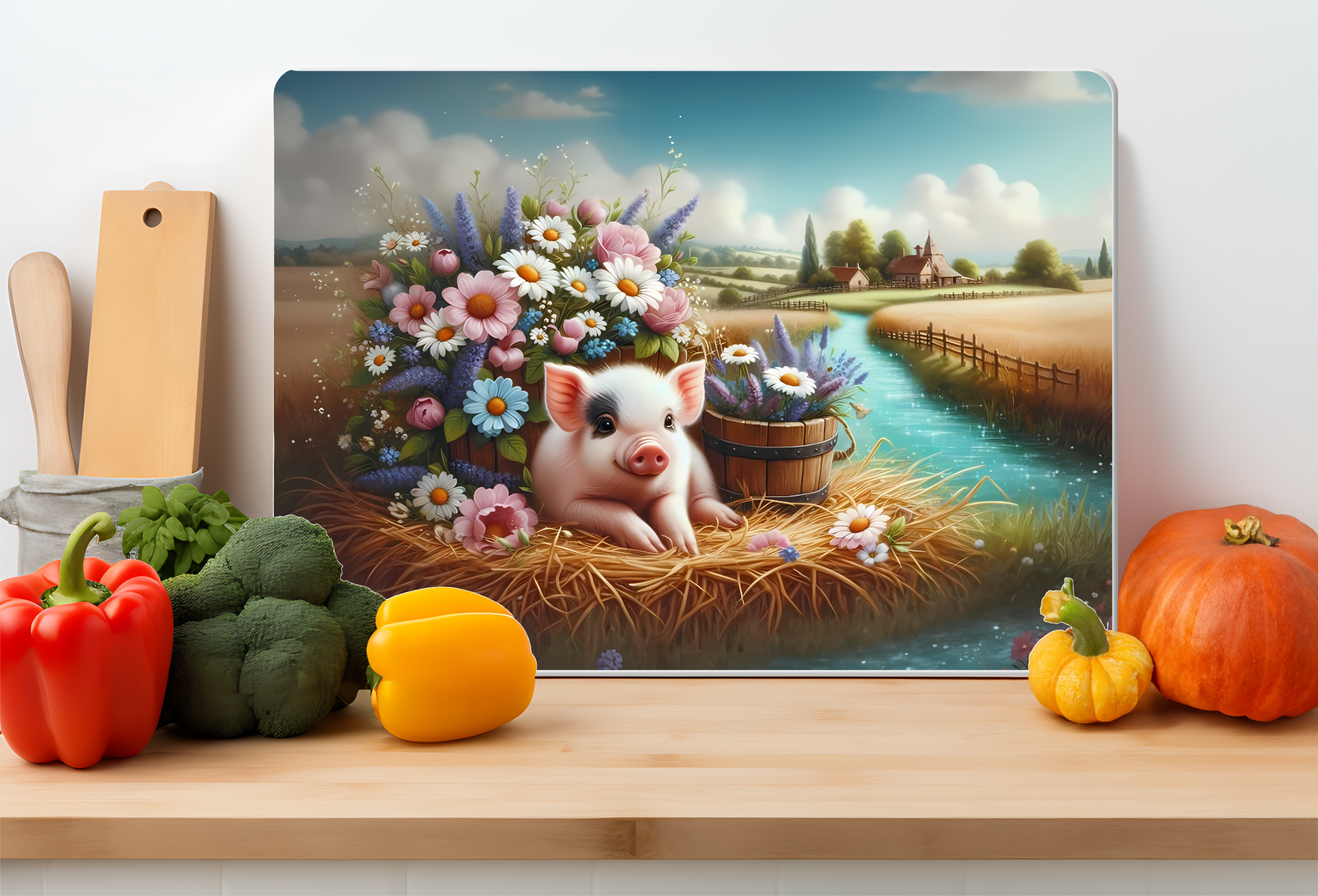 Piglet Floral Farm Cottage Glass Cutting Board