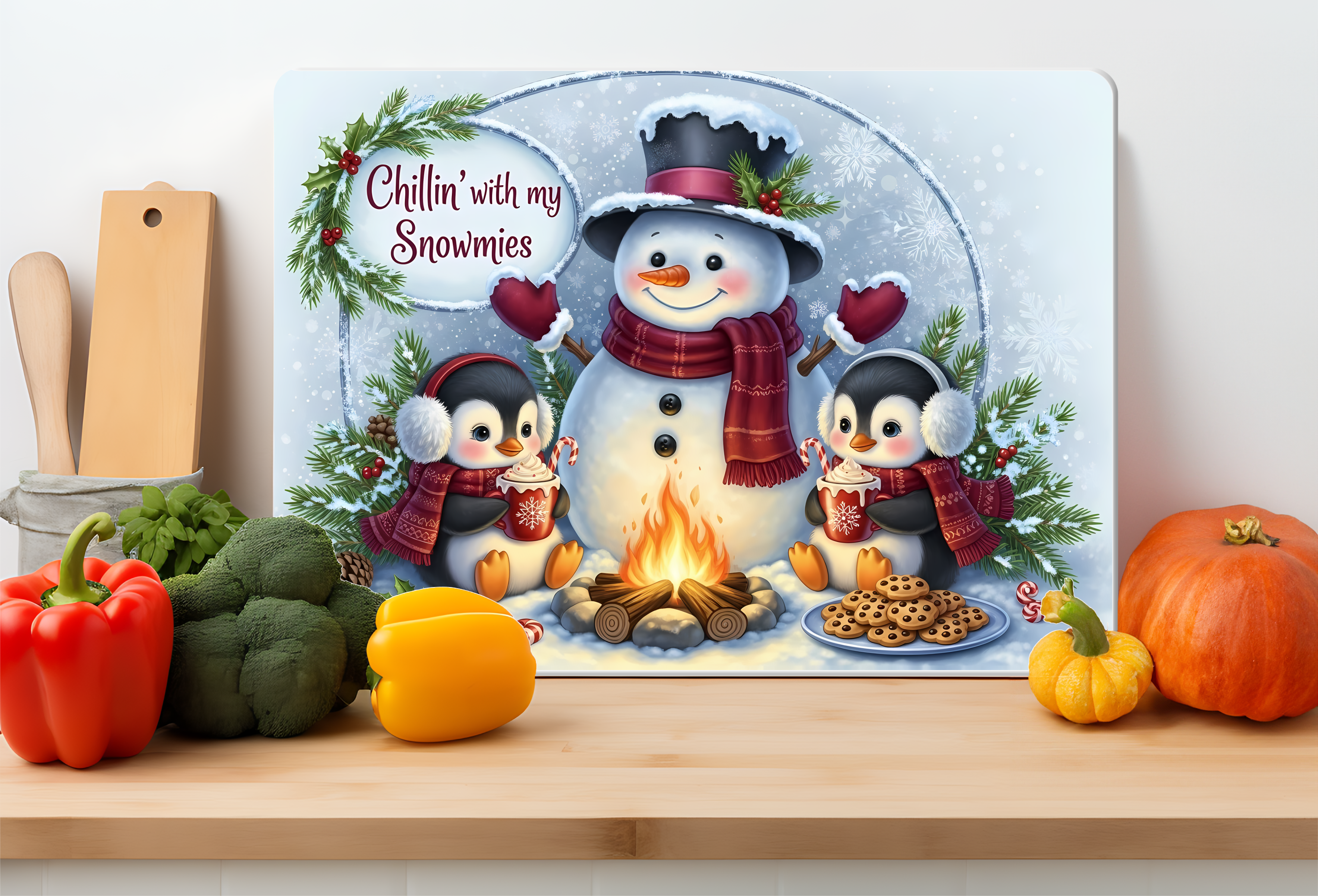 Chillin’ with My Snowmies Campfire Glass Cutting Board