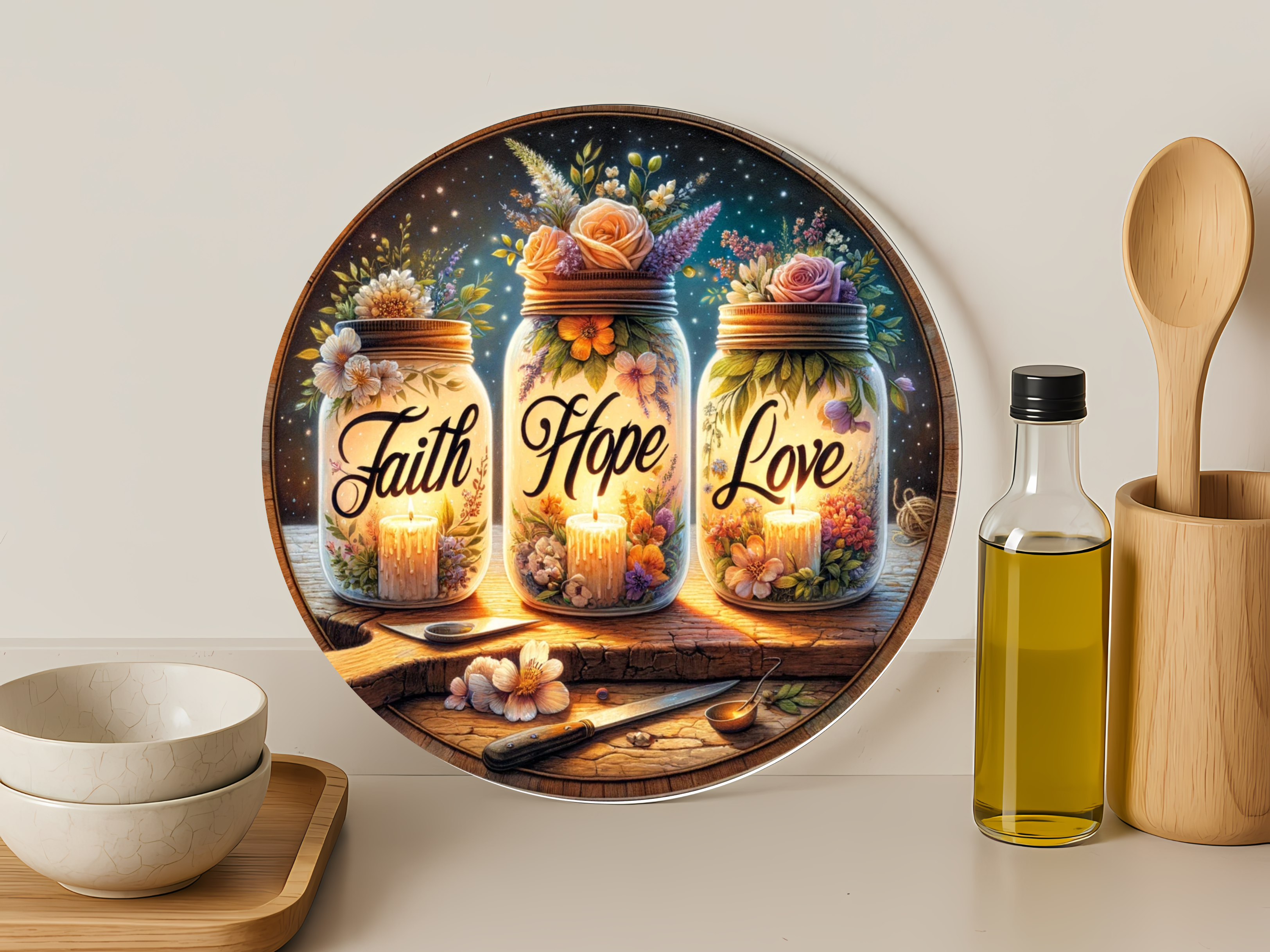 Faith Hope Love Mason Jar-Round Glass Cutting Board 12"