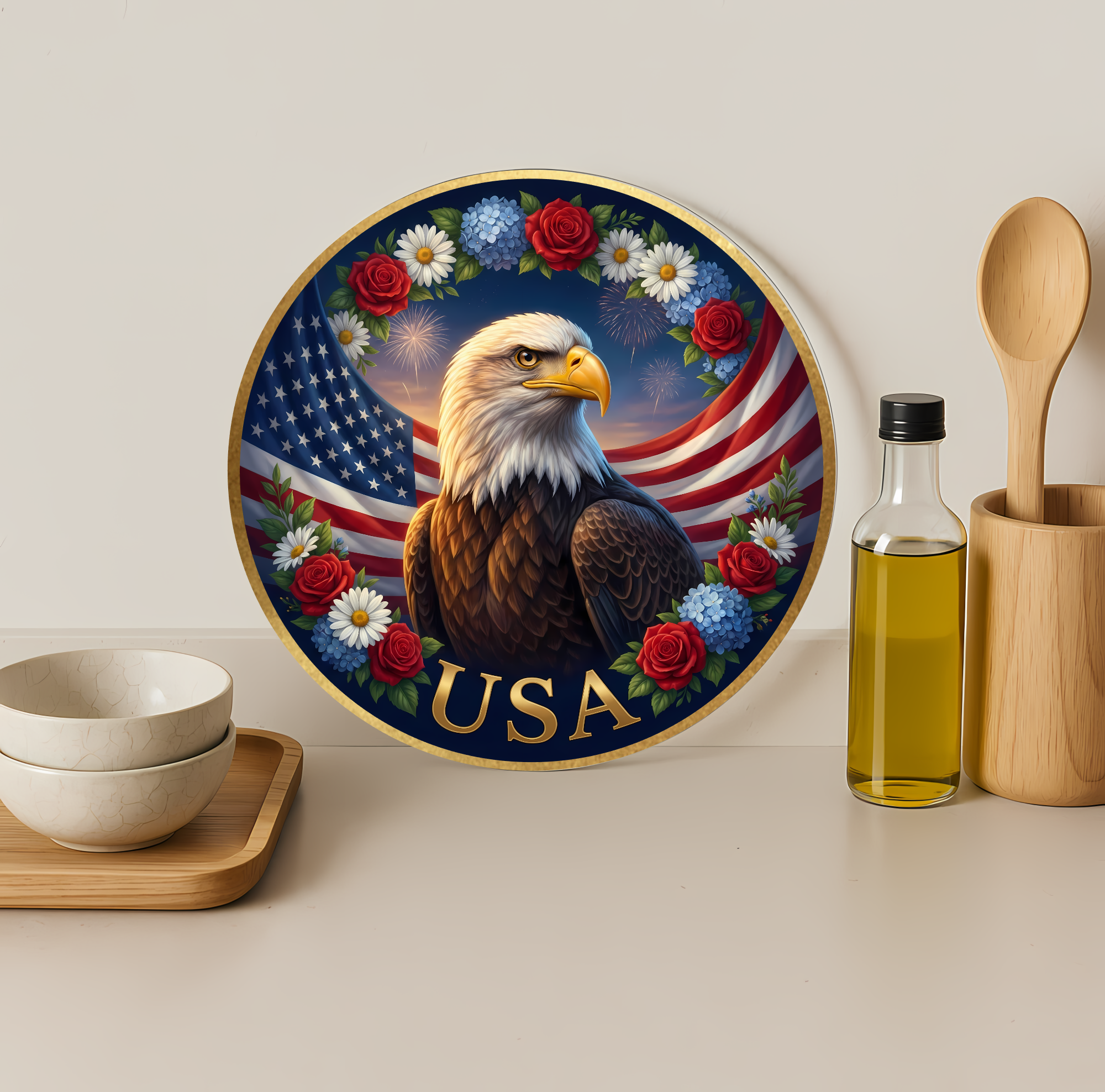 Patriotic Bald Eagle USA Glass Cutting Board-Round 12"