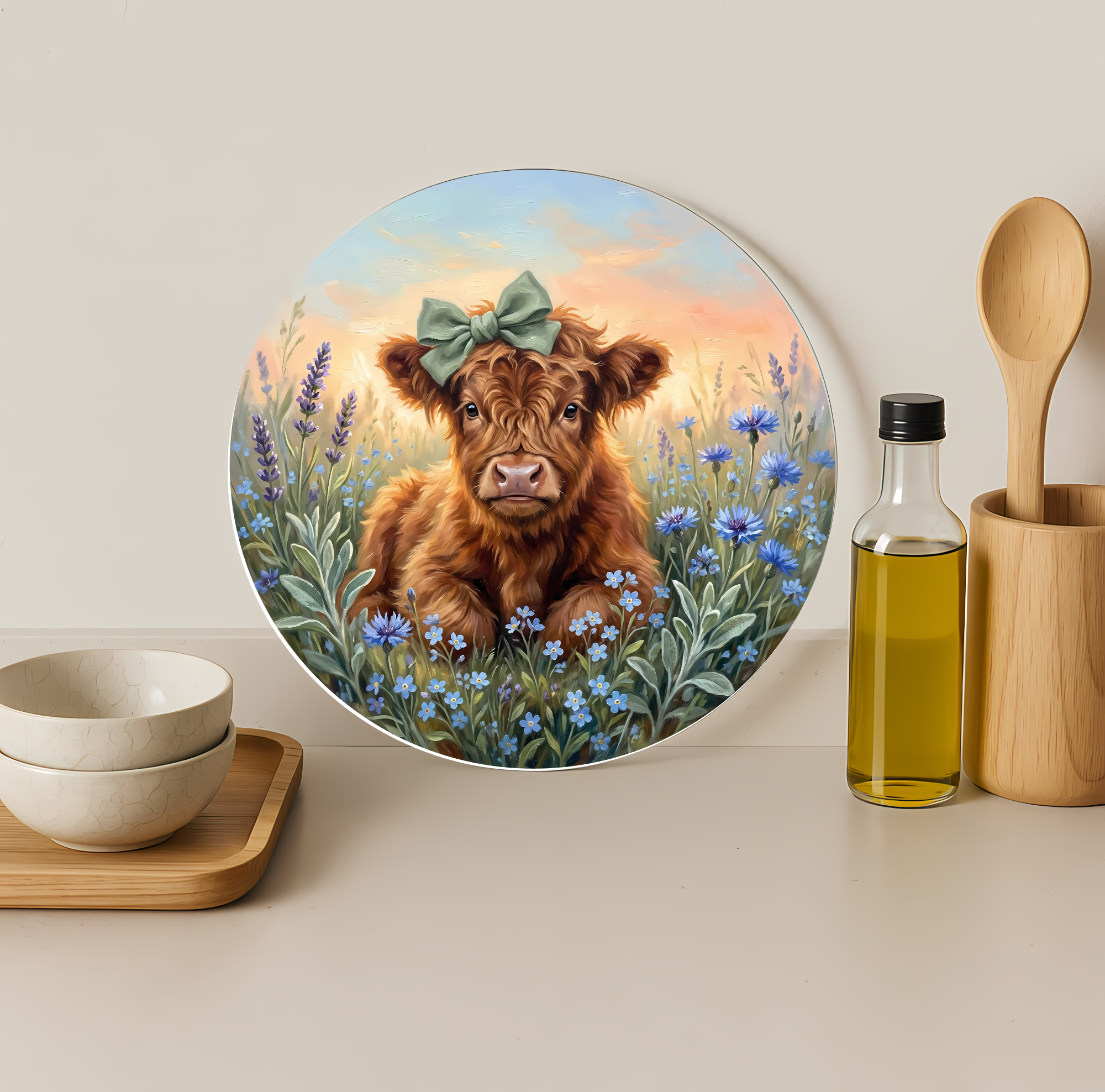 Highland Cow Floral Meadow Glass Cutting Board-Round 12" (Copy)