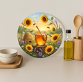 Sunflower Honey Bee Garden Glass Cutting Board-Round 12"