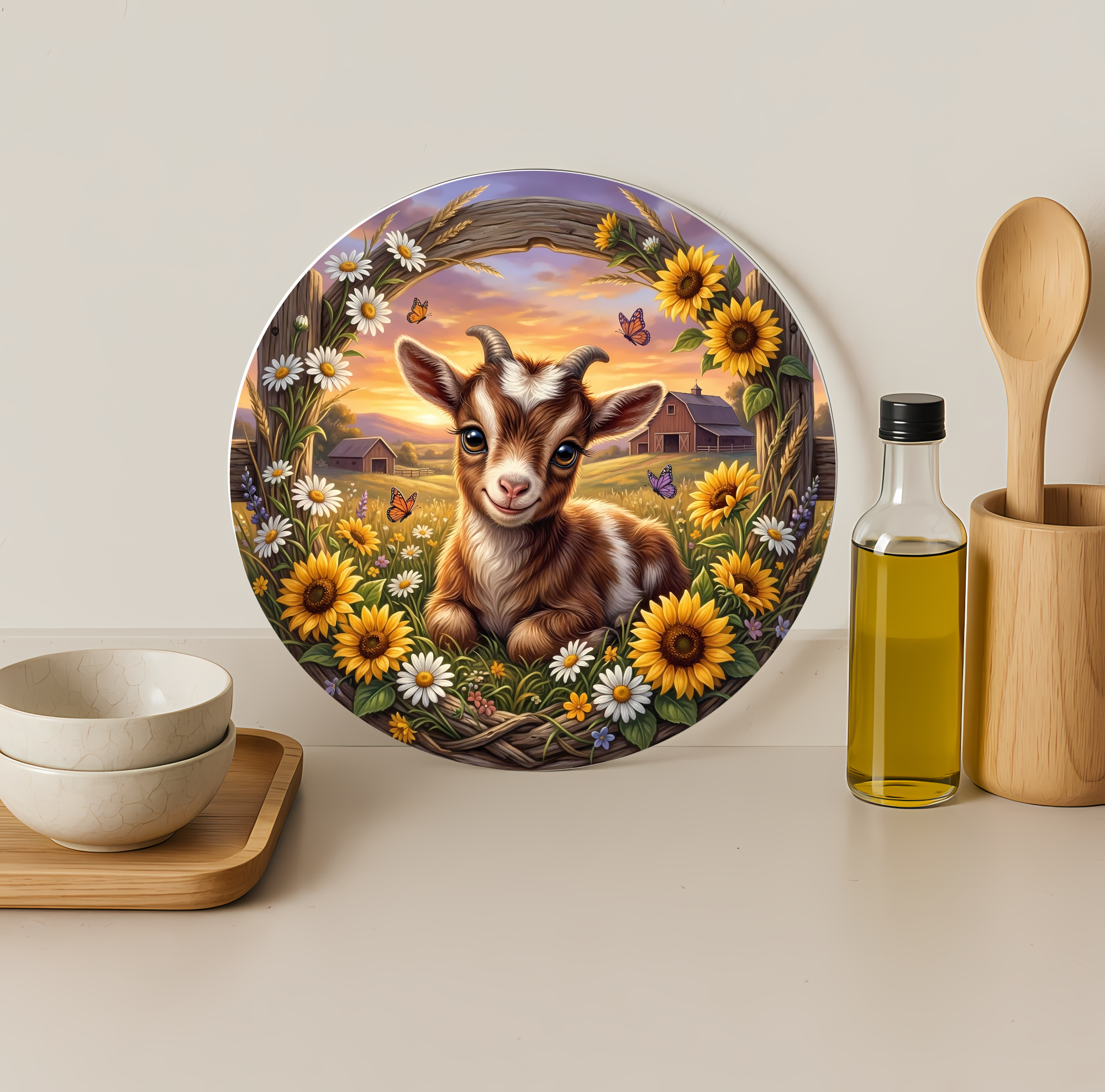Baby Goat Farm Sunset Glass Cutting Board-Round 12"