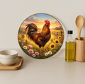 Rooster Sunflower Farm Glass Cutting Board-Round 12"