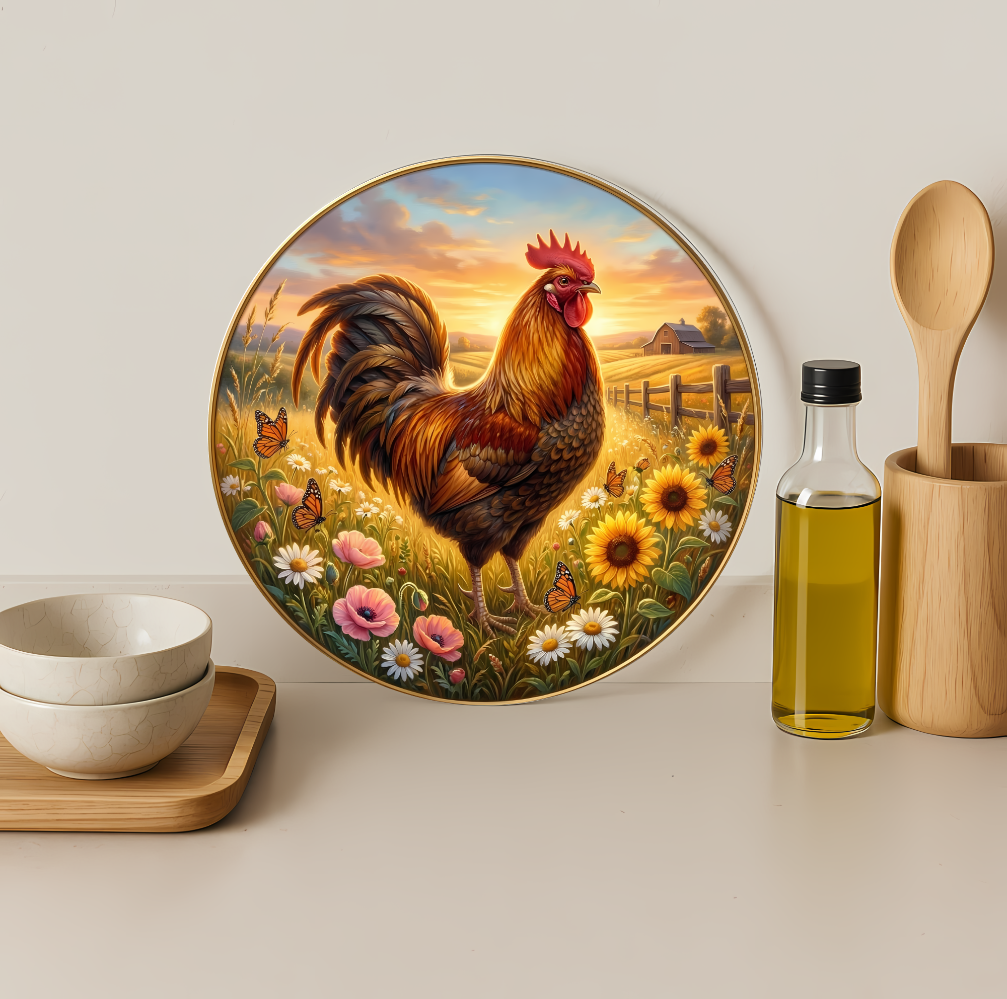 Rooster Sunflower Farm Glass Cutting Board-Round 12"