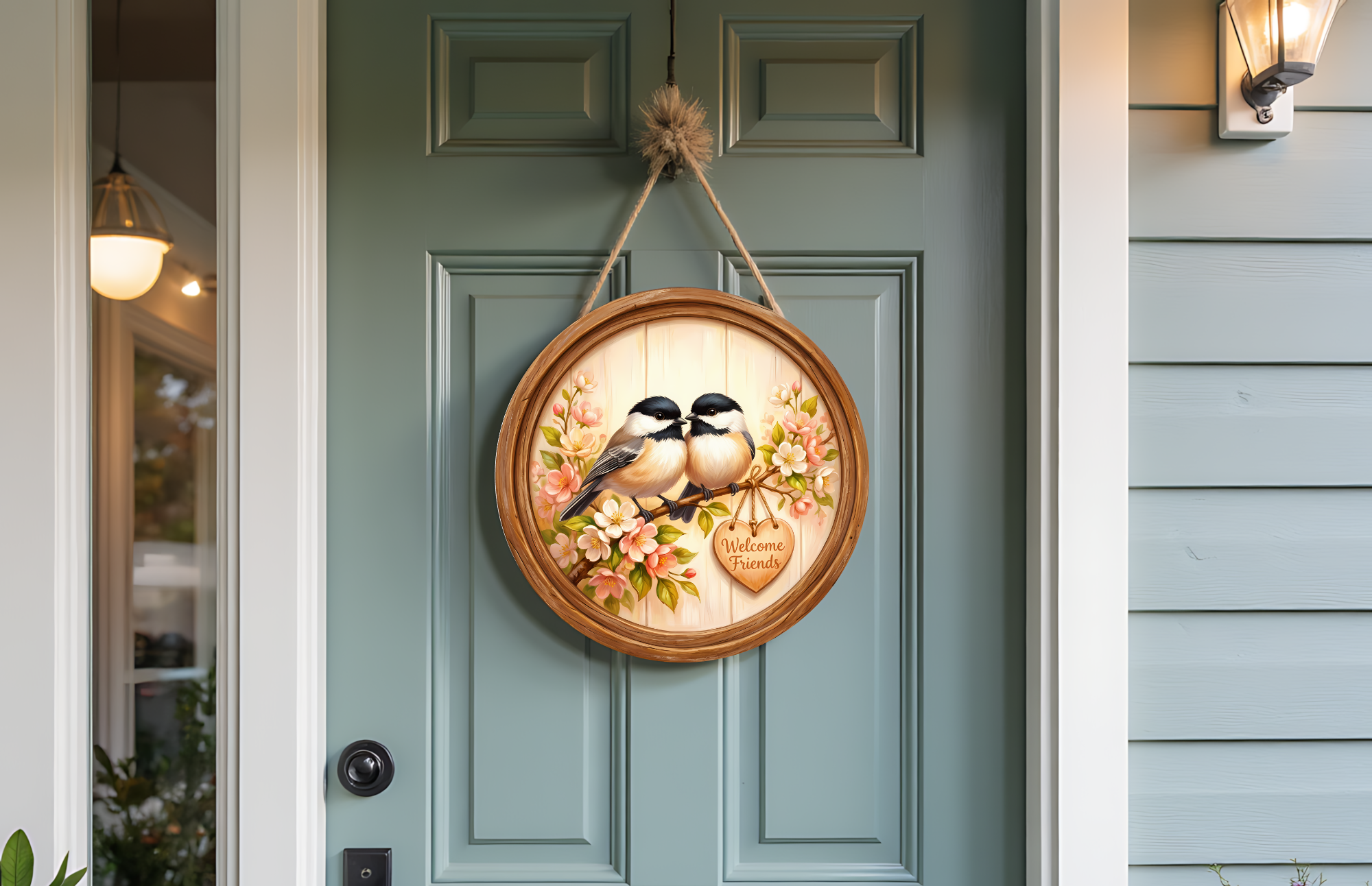 Welcome Friends Door Hanger Round | Bird Floral Front Door Decor