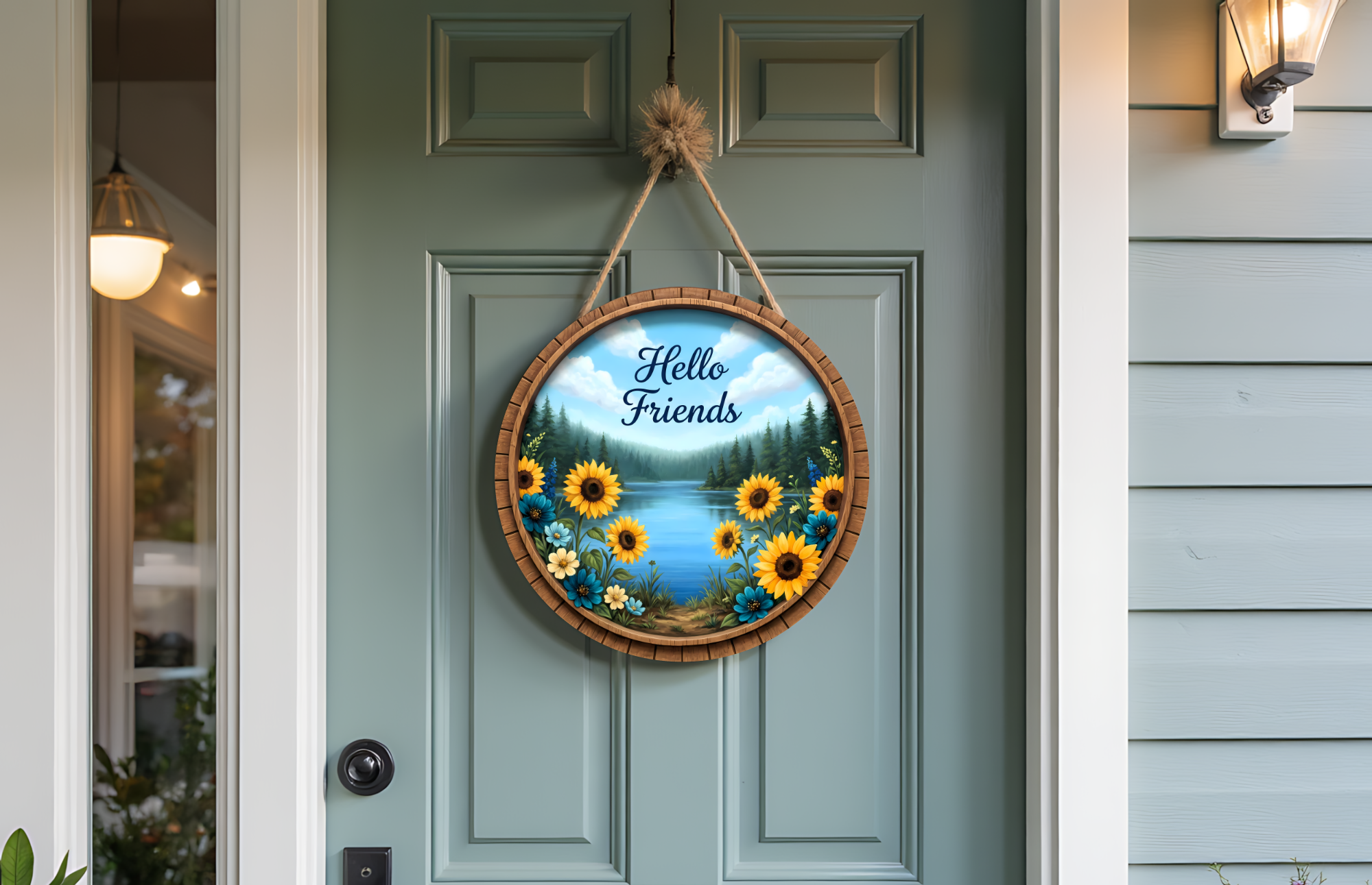 Hello Friends Door Hanger Round | Floral Lake Front Door Decor