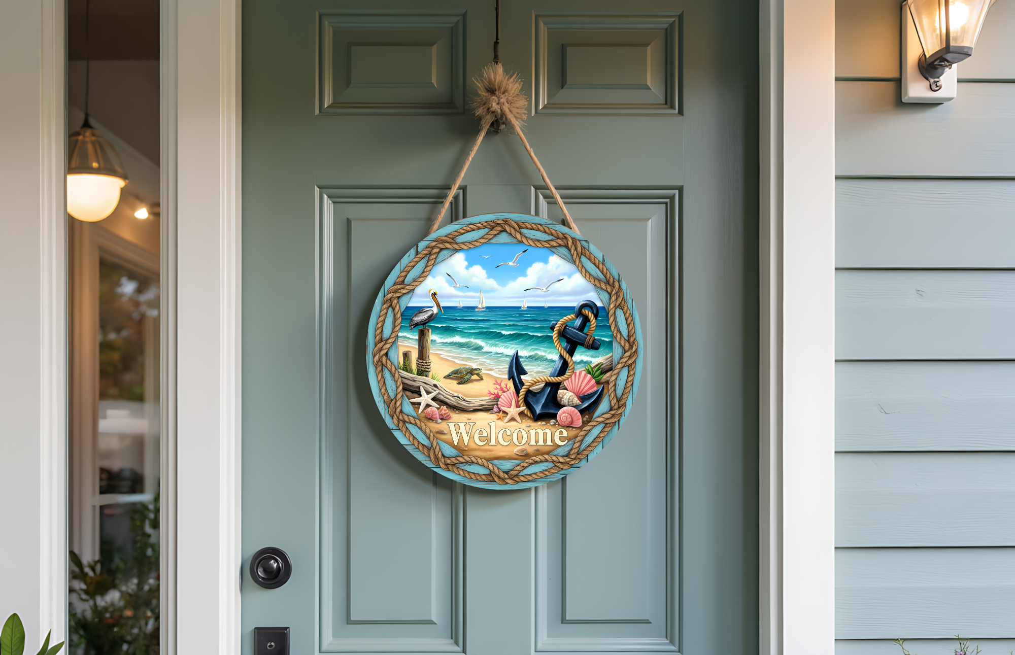 Welcome Nautical Door Hanger Round | Coastal Beach Front Door Decor
