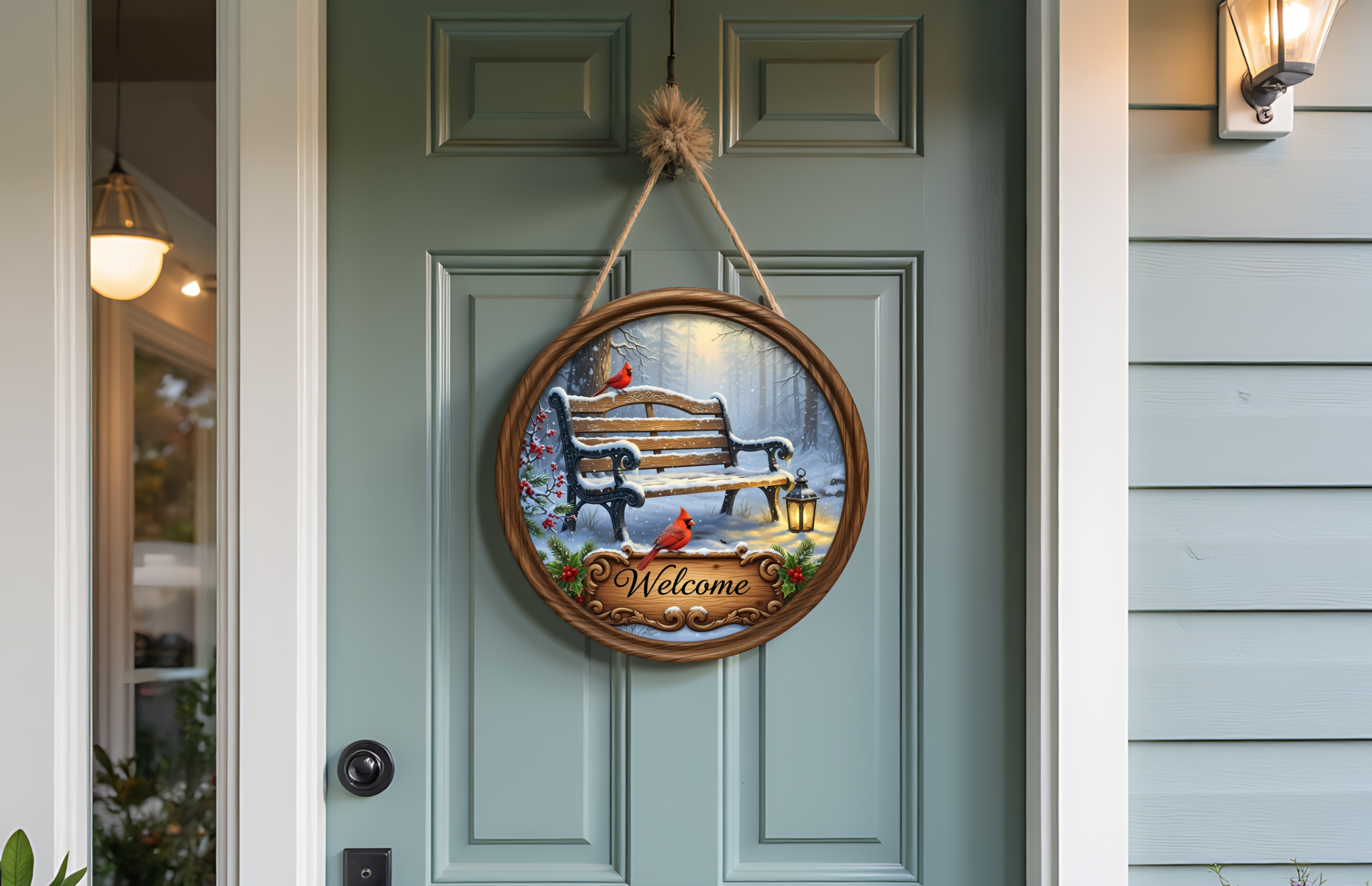 Cardinals andWinter Bench Welcome Door Round – Winter Front Door Decor