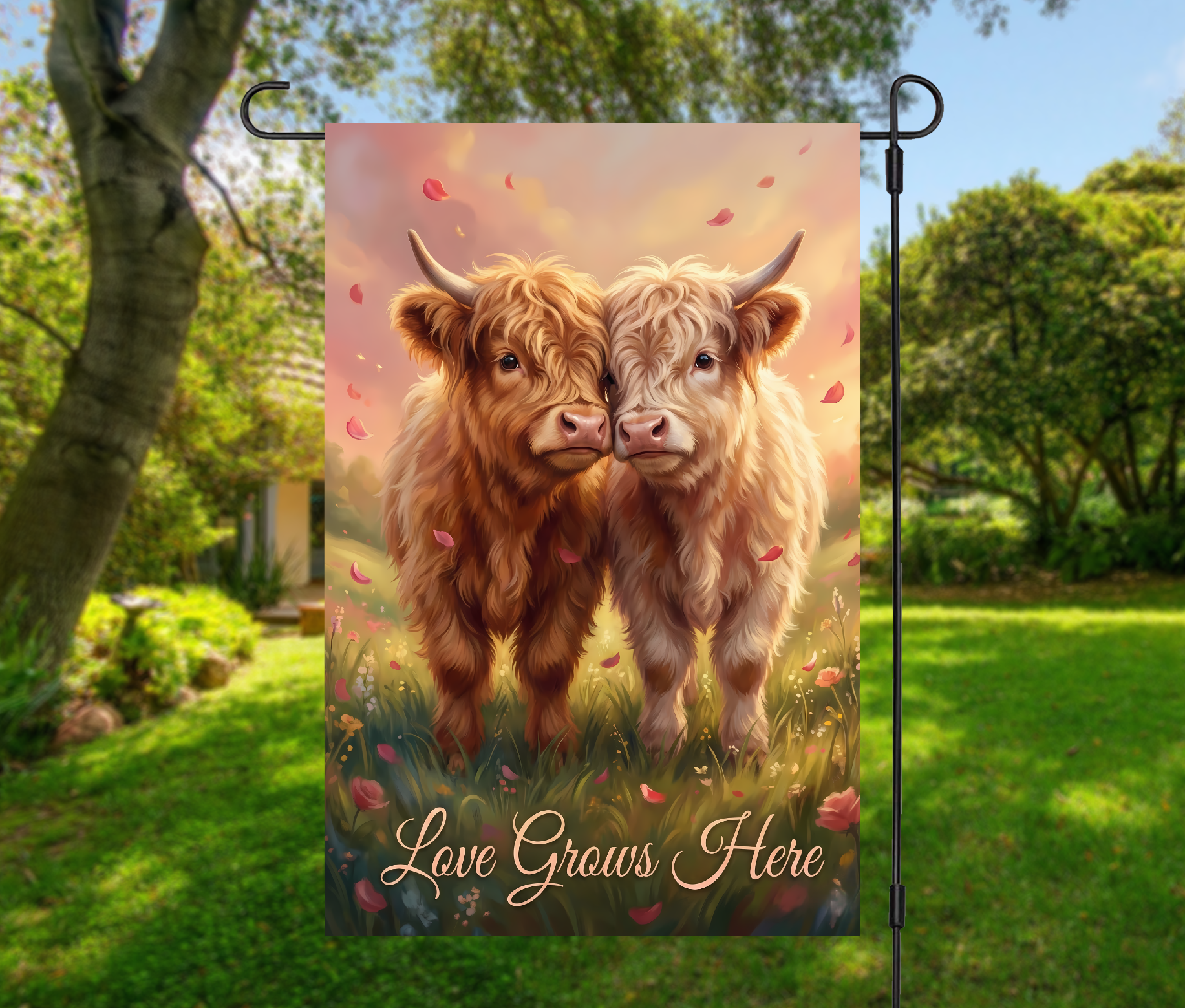 Love Grows Here Highland Cow – Romantic Farmhouse Spring Decor-12 × 18 Garden Flag (Single-Sided)