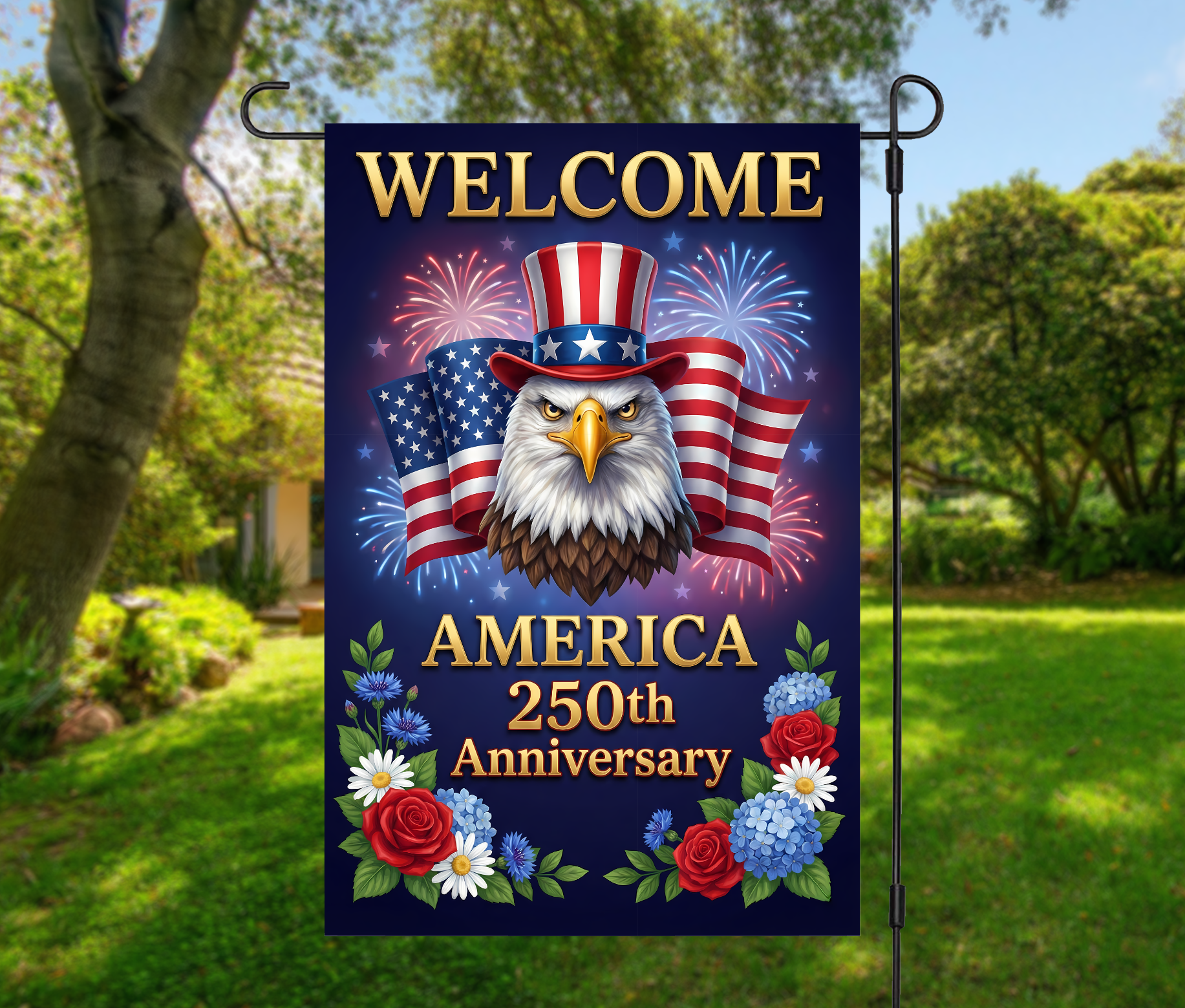 250th Anniversary Garden Flag – Patriotic Eagle Welcome America Flag-12 × 18  (Single-Sided)