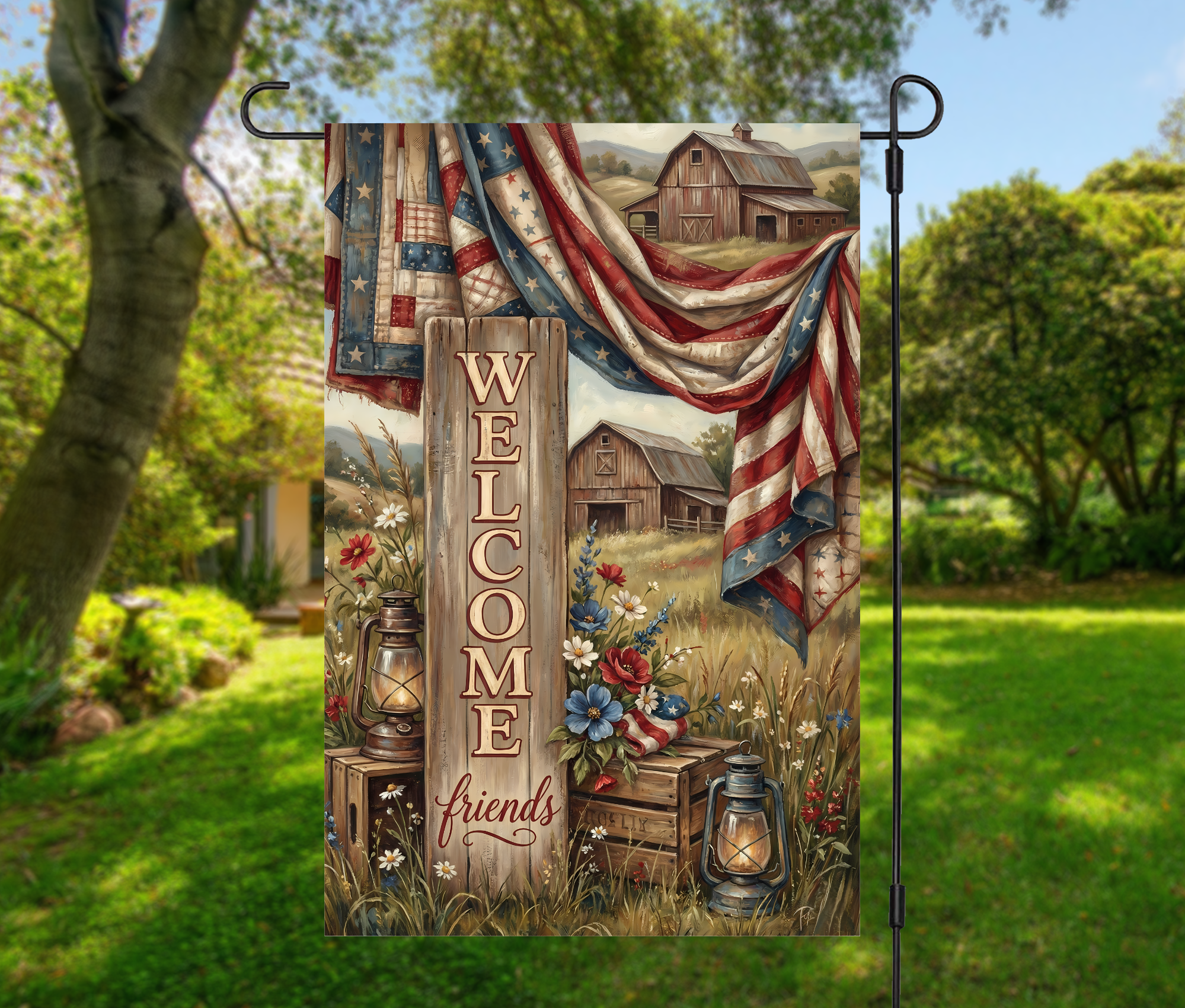 Americana Garden Flag – Rustic Barn Welcome Friends Farm Flag-12 × 18 (Single-Sided)